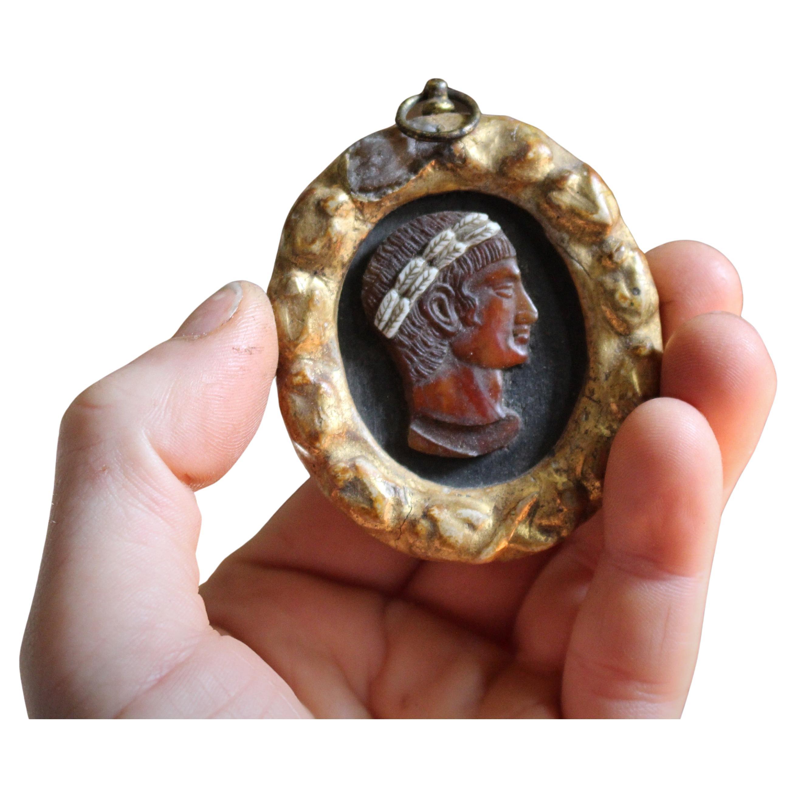 Grand Tour 18th Century Gilt Framed Classical Carved Shell Cameo "Dario RE' For Sale