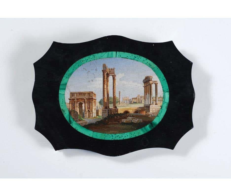 SHIPPING POLICY:
No additional costs will be added to this order.
Shipping costs will be totally covered by the seller (customs duties included). 

Depicting the Temple of Vespasian and Titus, within a black marble and malachite banded border the