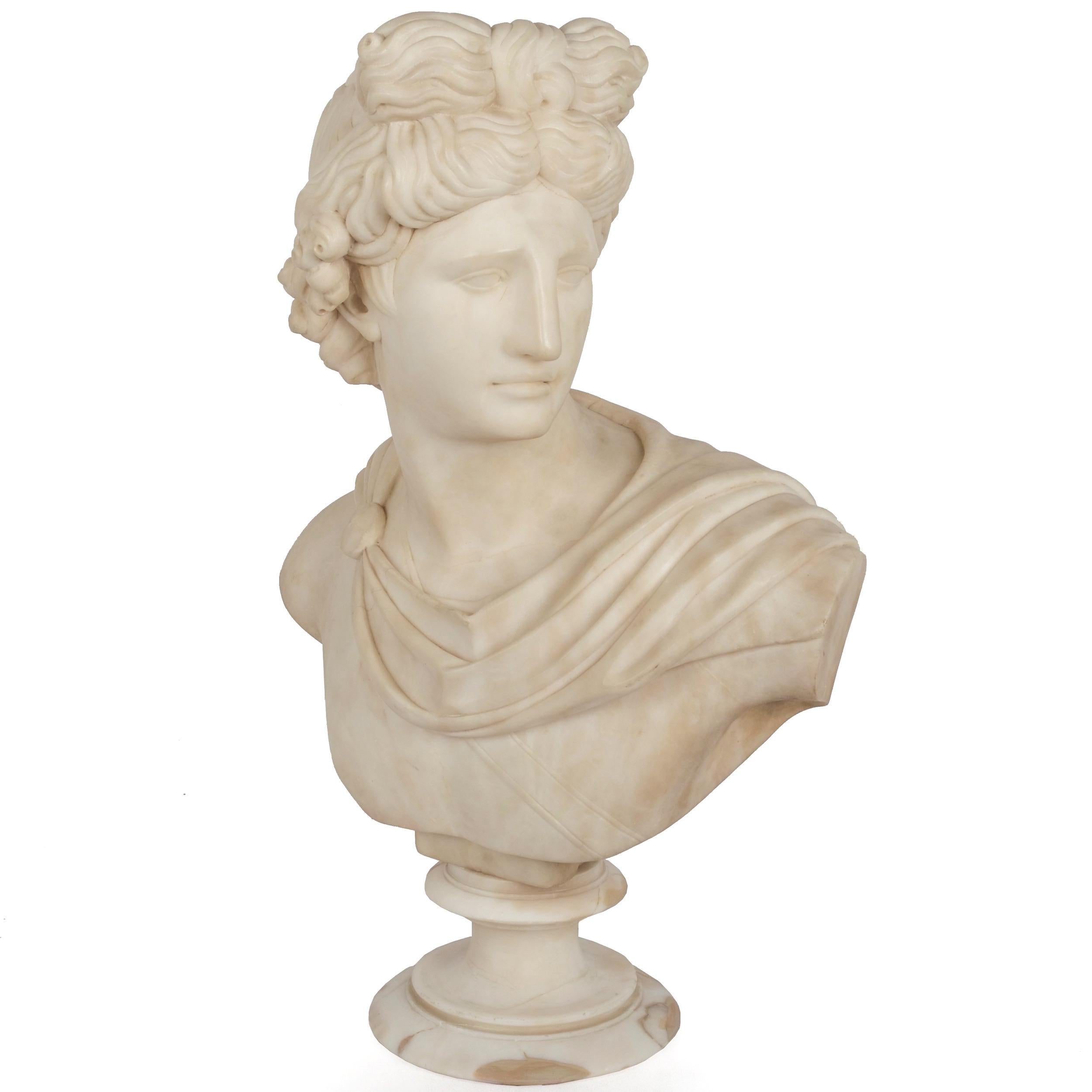A good late 19th century alabaster bust of Apollo Belvedere after the original held in the Vatican Museum. Likely a product of the Grand Tour movement in Italy, the bust is beautifully proportioned. Details are beautifully retained in the milky