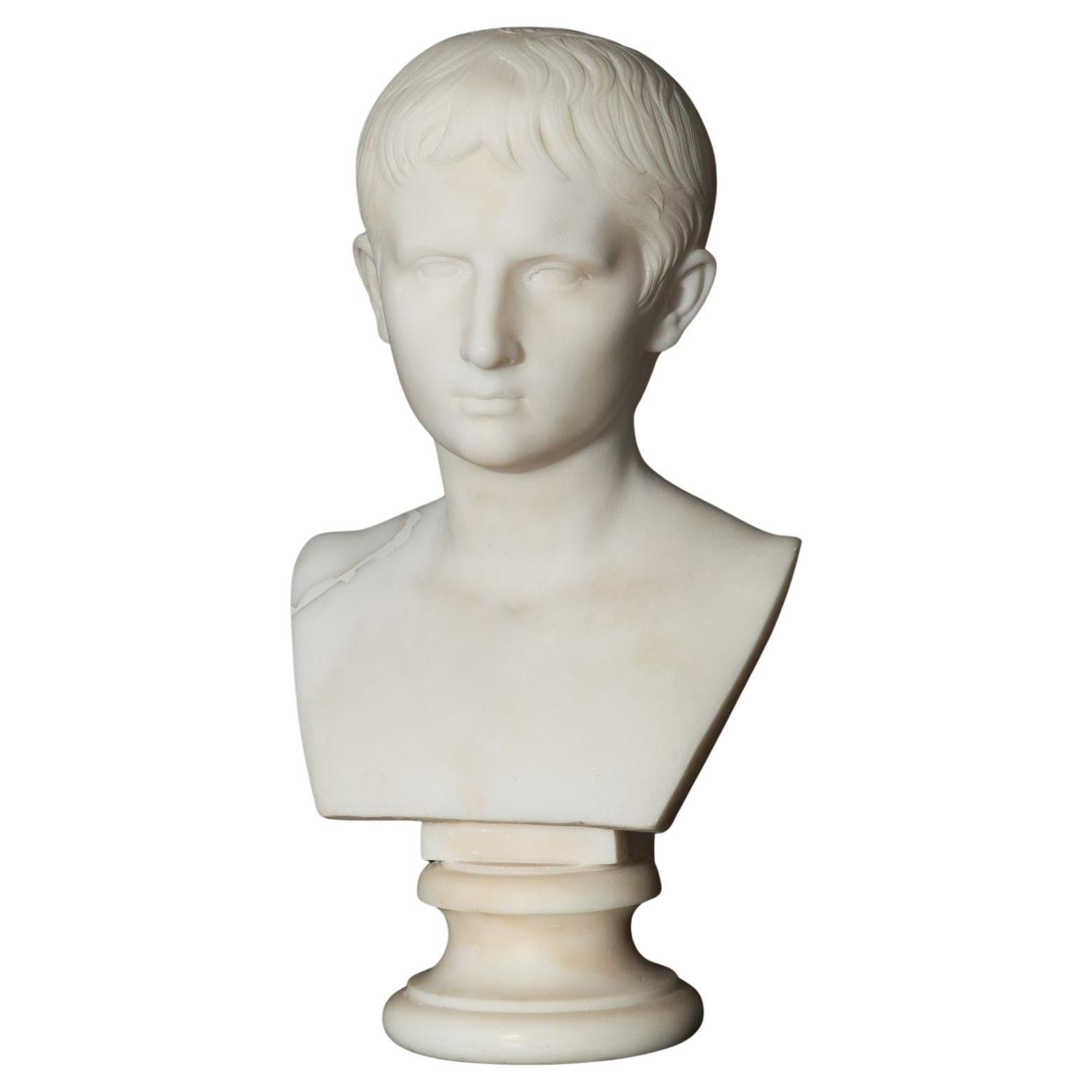 Grand Tour Antique Italian Carved Marble Bust of Young Caesar Augustus