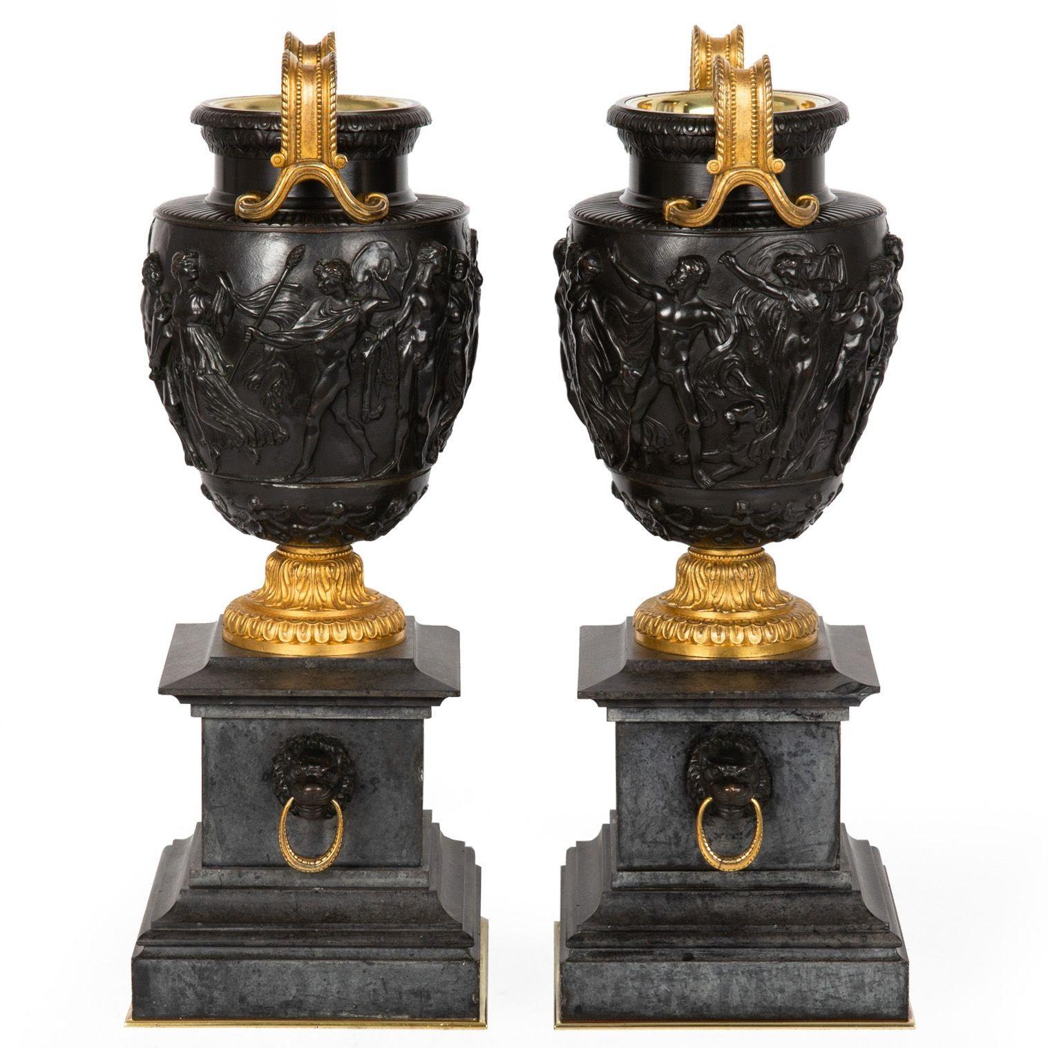 Gilt Grand Tour Antique Patinated Bronze “Townley” Vases Urns circa 1870, a Pair