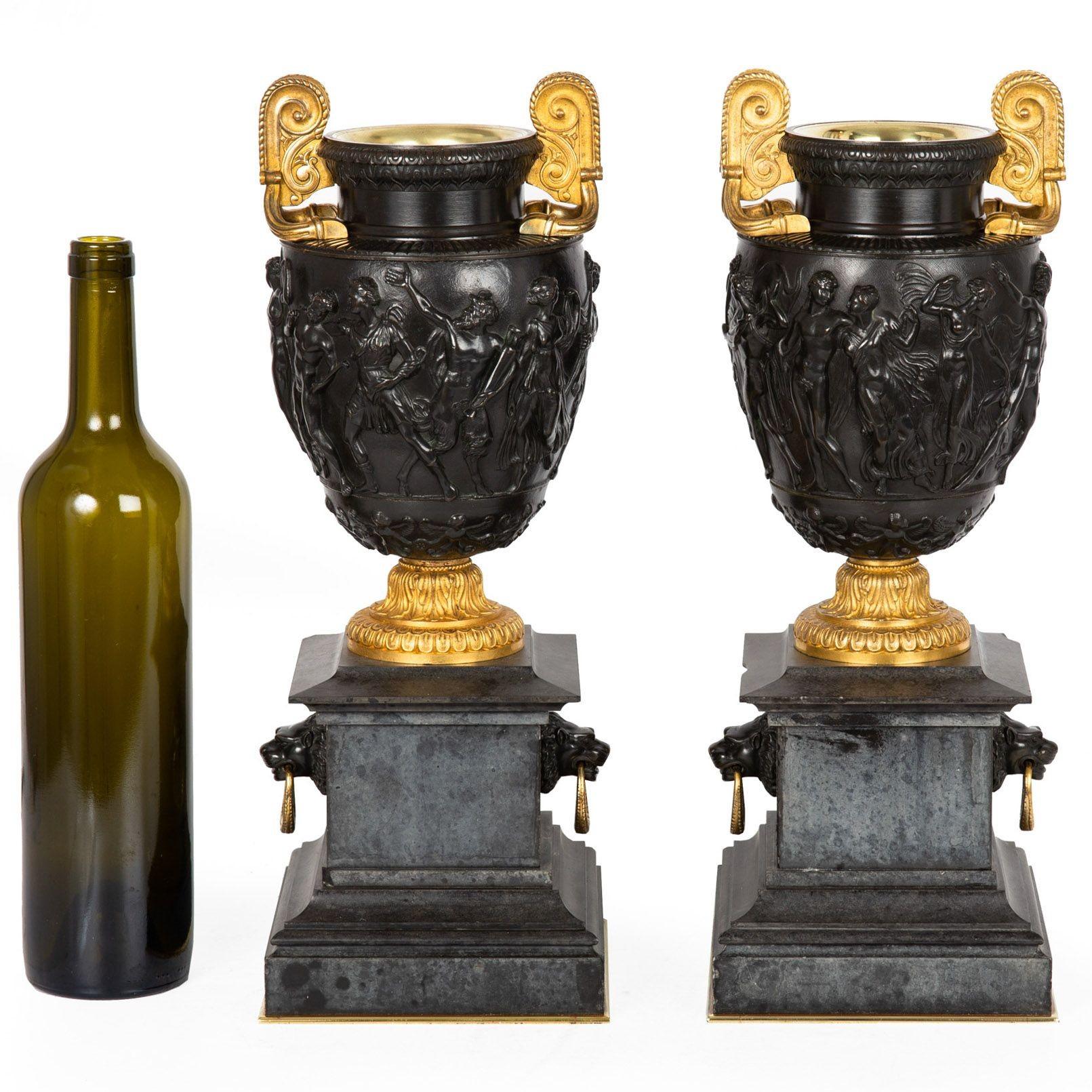 Grand Tour Antique Patinated Bronze “Townley” Vases Urns circa 1870, a Pair In Good Condition In Shippensburg, PA