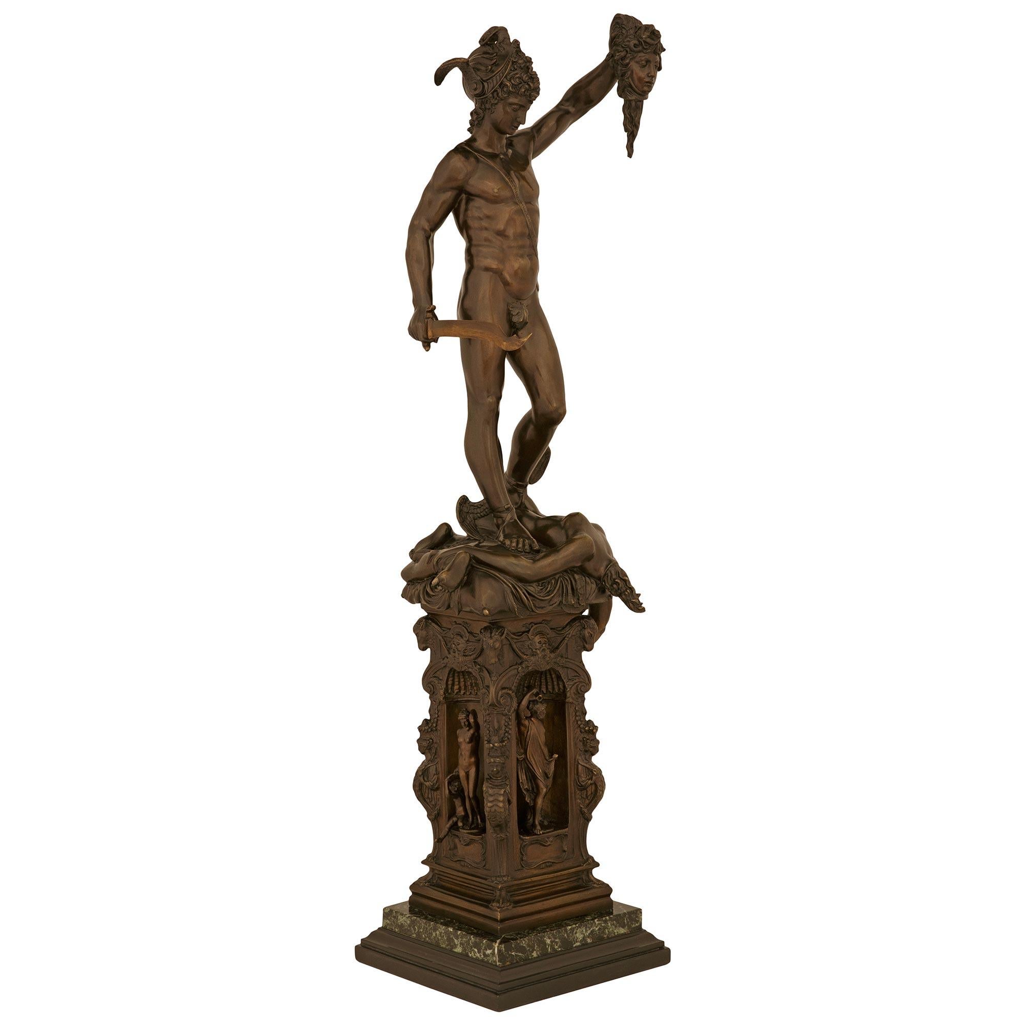 Italian Grand Tour Black Belgian, Verde Antico Marble Statue of Perseus and Medusa For Sale