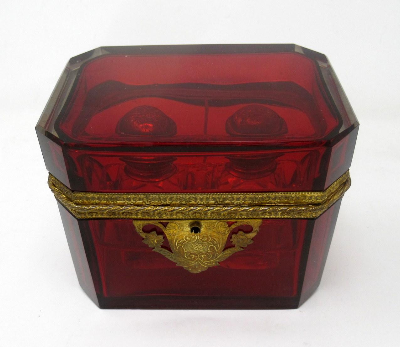 French Grand Tour Bohemian Crystal Gilt Bronze Cranberry Glass Scent Bottle Casket Box