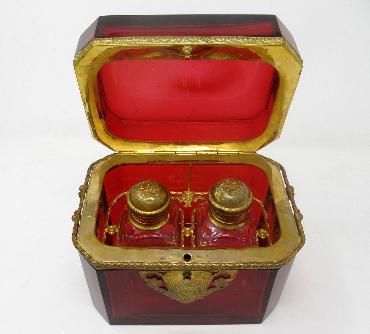 19th Century Grand Tour Bohemian Crystal Gilt Bronze Cranberry Glass Scent Bottle Casket Box