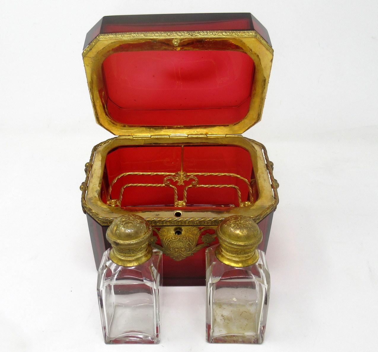 Ormolu Grand Tour Bohemian Crystal Gilt Bronze Cranberry Glass Scent Bottle Casket Box