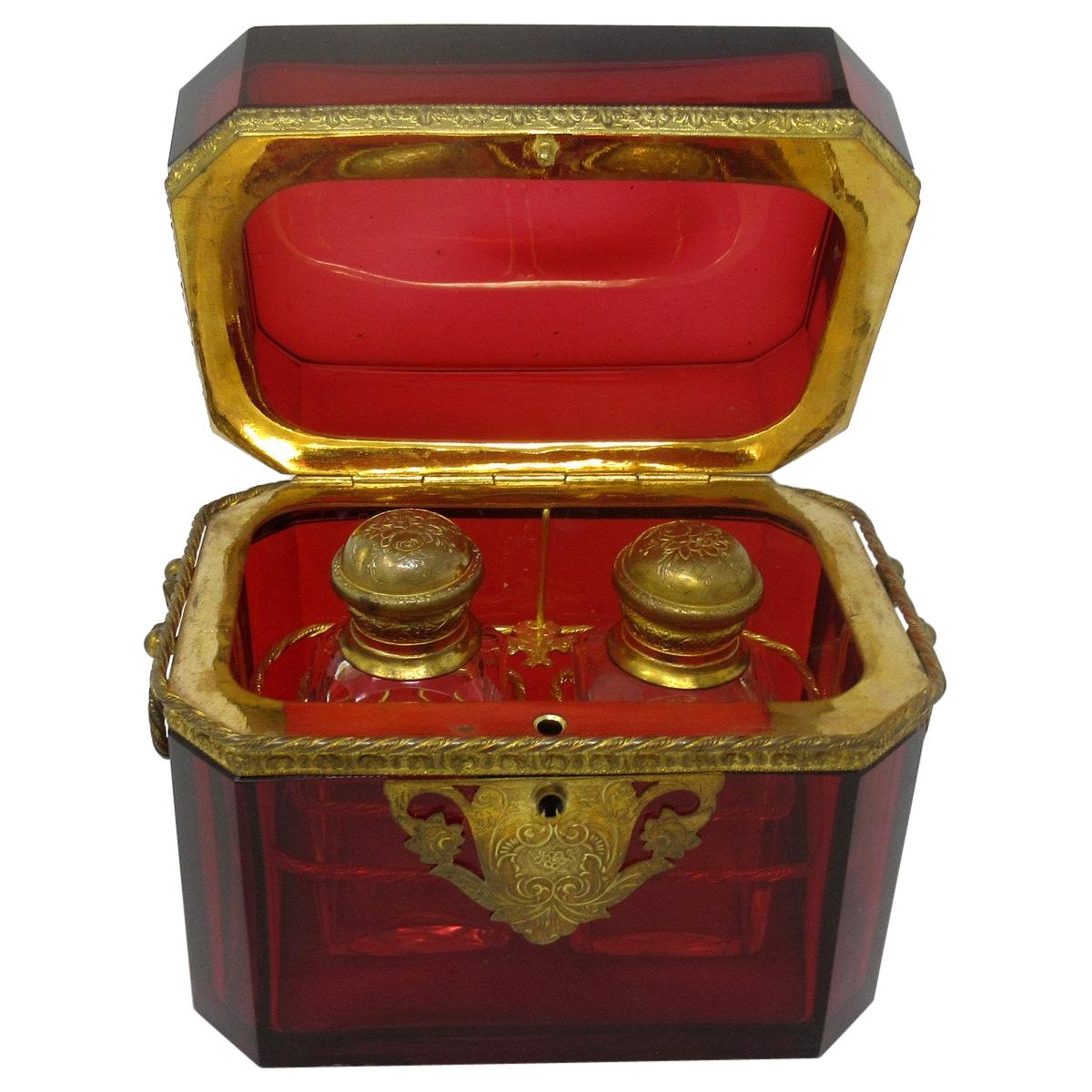 Grand Tour Bohemian Crystal Gilt Bronze Cranberry Glass Scent Bottle Casket Box