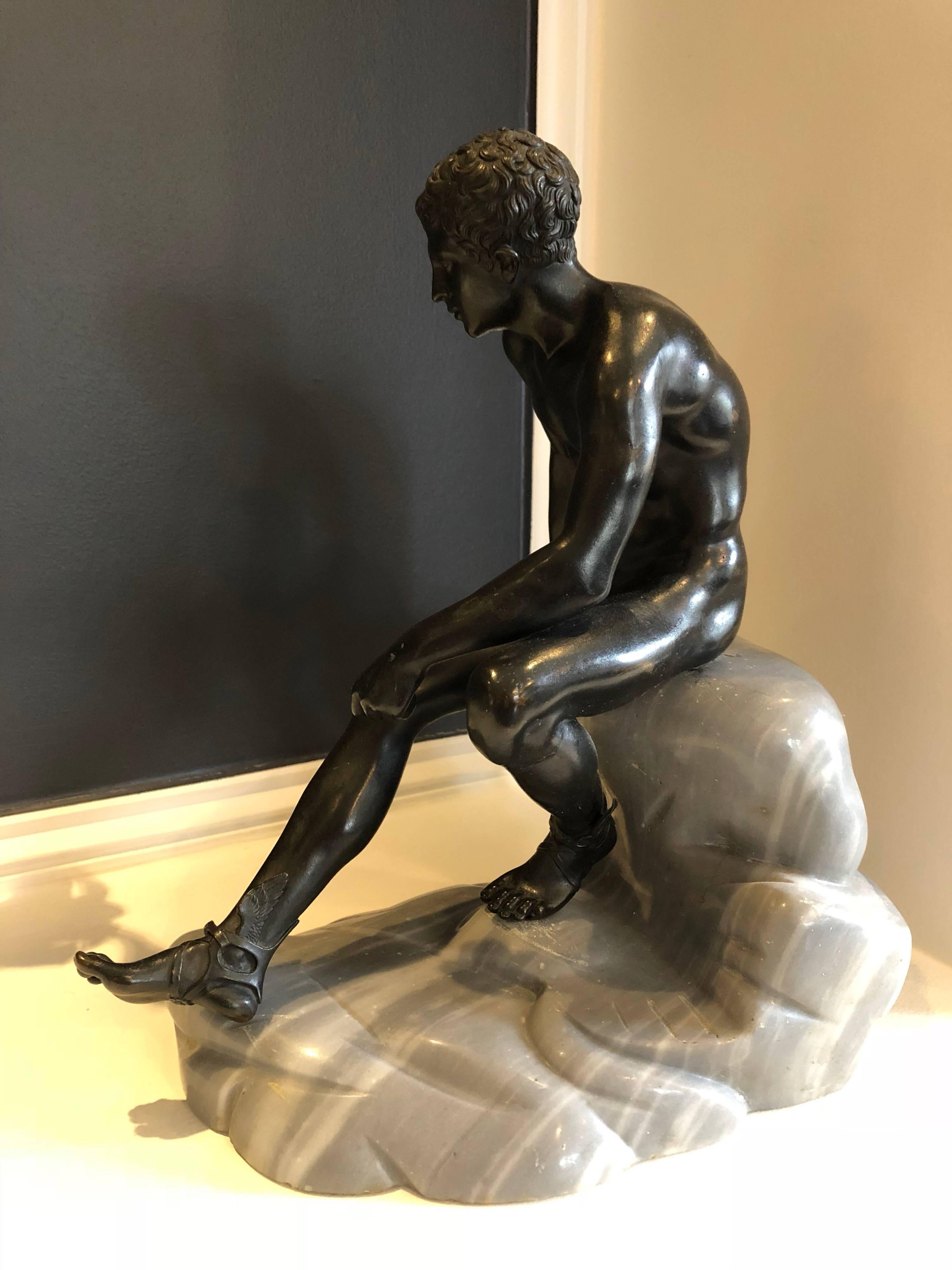 Grand Tour Bronze and Marble Sculpture of Seated Hermes In Excellent Condition In Stockton, NJ