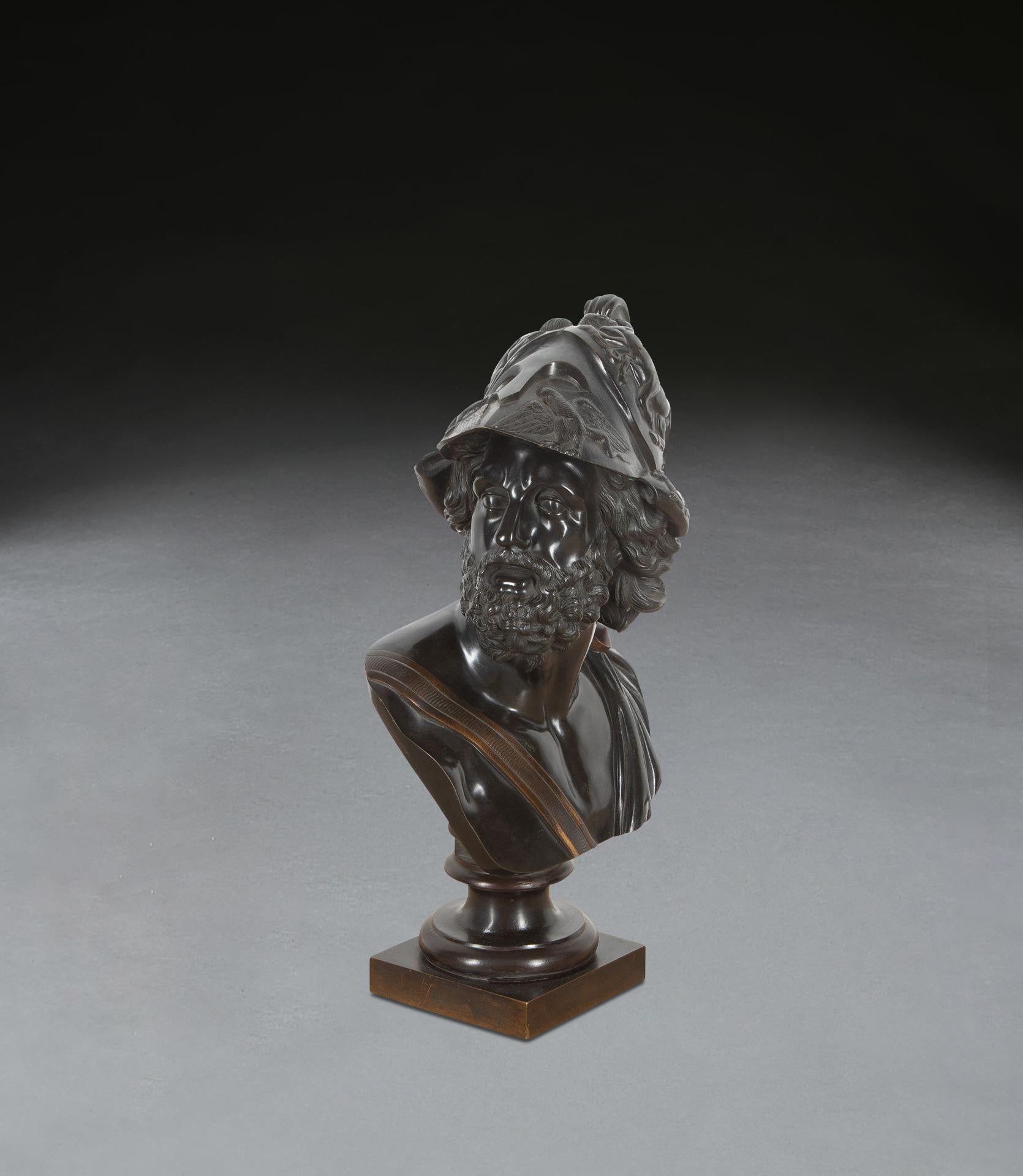 A fine quality 19th Century Grand Tour bronze of Ajax or Menelaus (King of Sparta). With head turned to dexter and mounted on a square socle. In excellent burnished patina and gilt bronze highlights. Of good scale with no damage or repairs. Circa