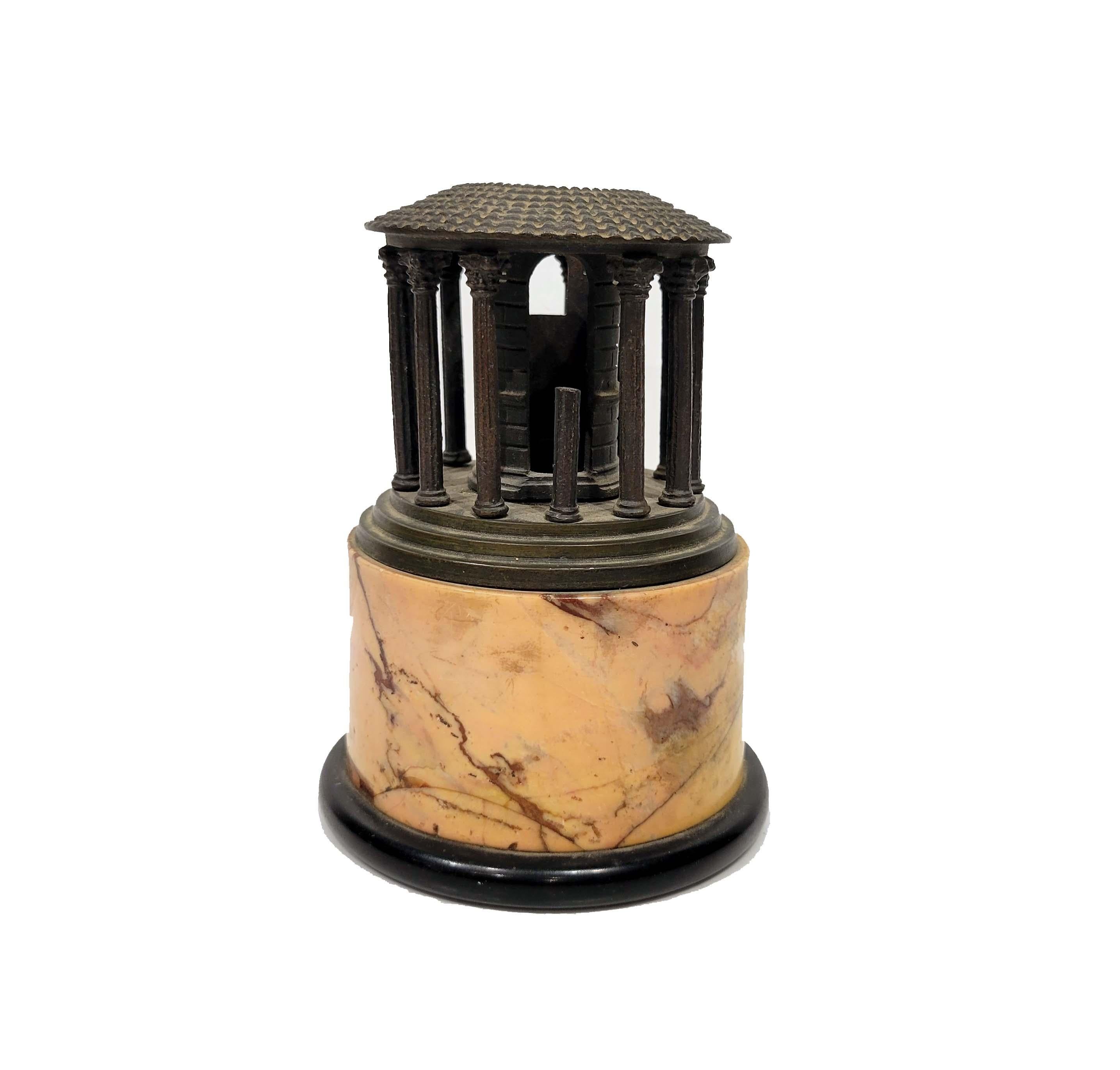 Beautiful Grand tour model of temple Vesta in Italy circa mid-19th century, made of patinated bronze and mounted on a sienna marble base.