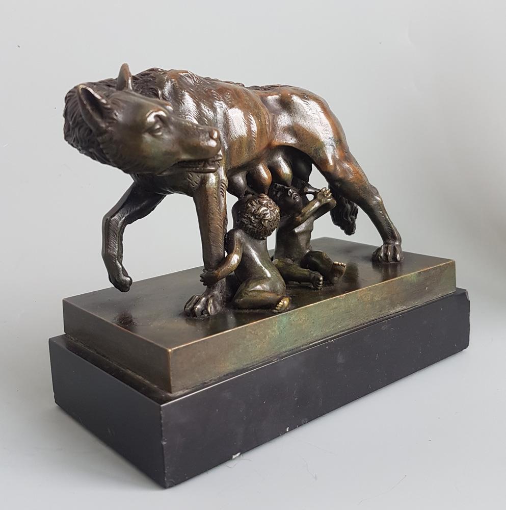 Grand Tour bronze of she Wolf with Romulus and Remus. This bronze could also be a reference to the Capitoline wolf at Siena Duomo. According to a legend, Siena was founded by Senius and Aschius, two sons of Remus. They fled Rome after their father