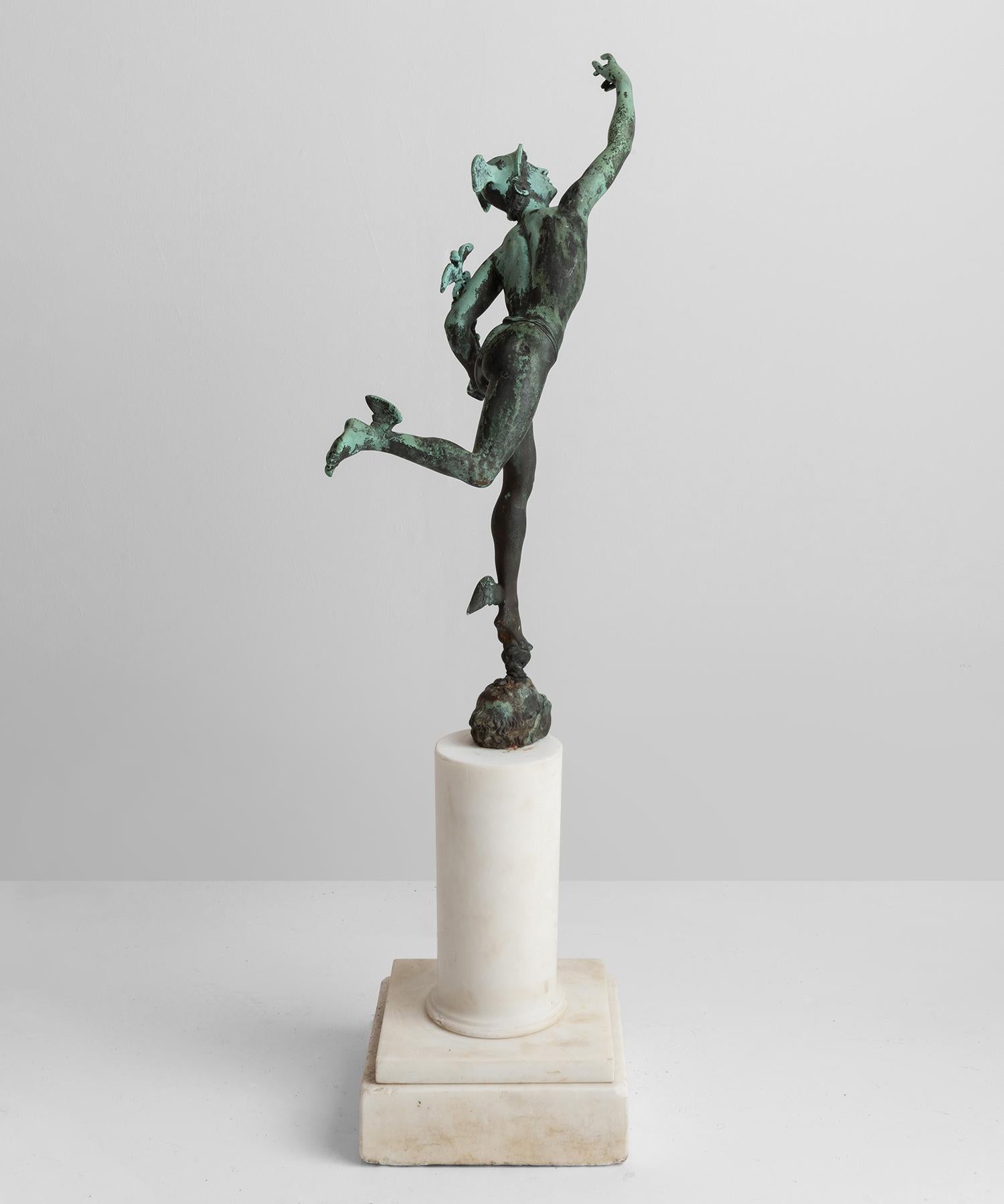 Bronze statues with beautiful verdigris patina on marble stand.

 