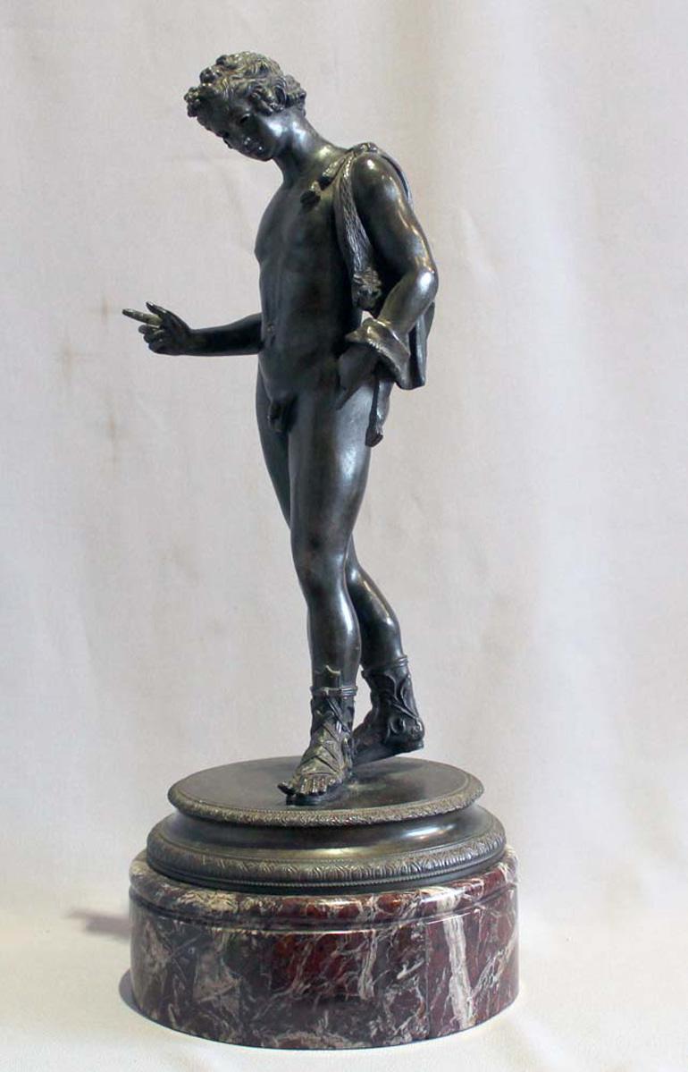 Italian  Grand Tour bronze of Narcissus on rouge marble base signed Masulli
