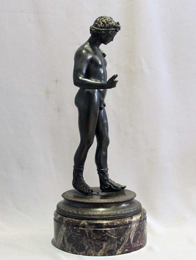  Grand Tour bronze of Narcissus on rouge marble base signed Masulli In Good Condition In London, GB