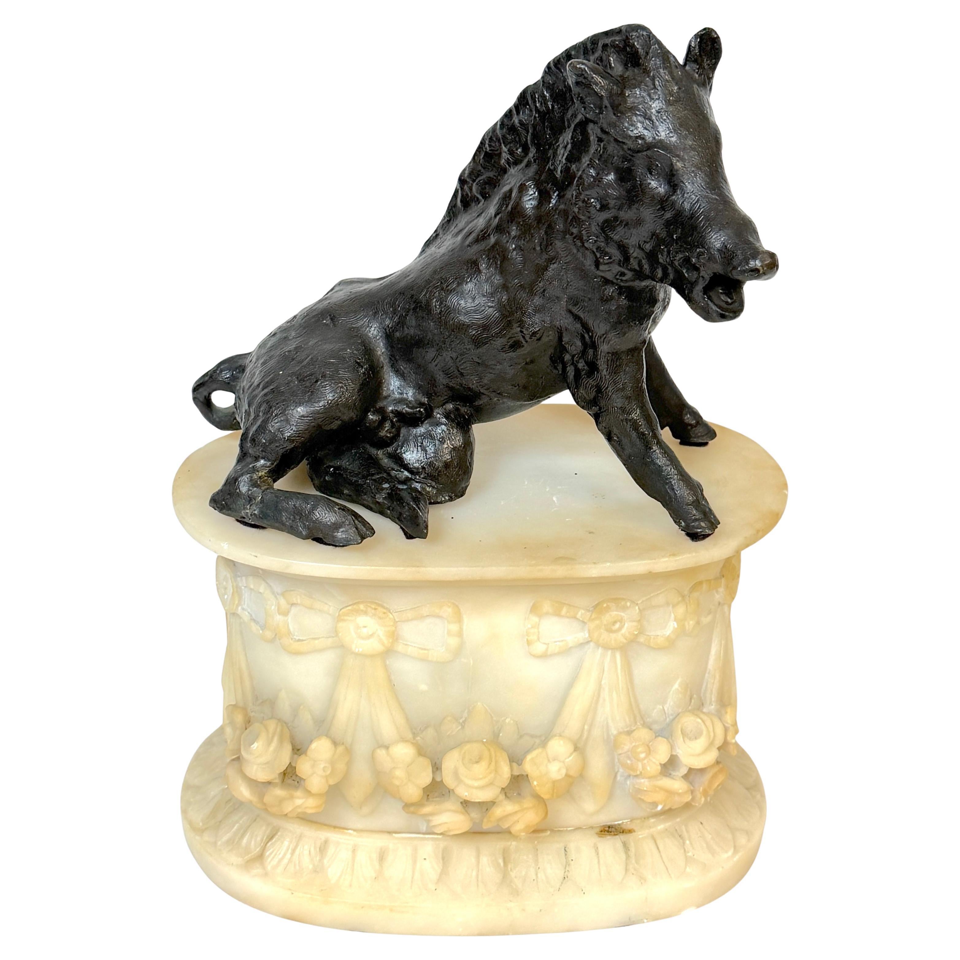 Grand Tour Bronze Reduction Il Porcellino “Borghese Boar” Carved Alabaster Base