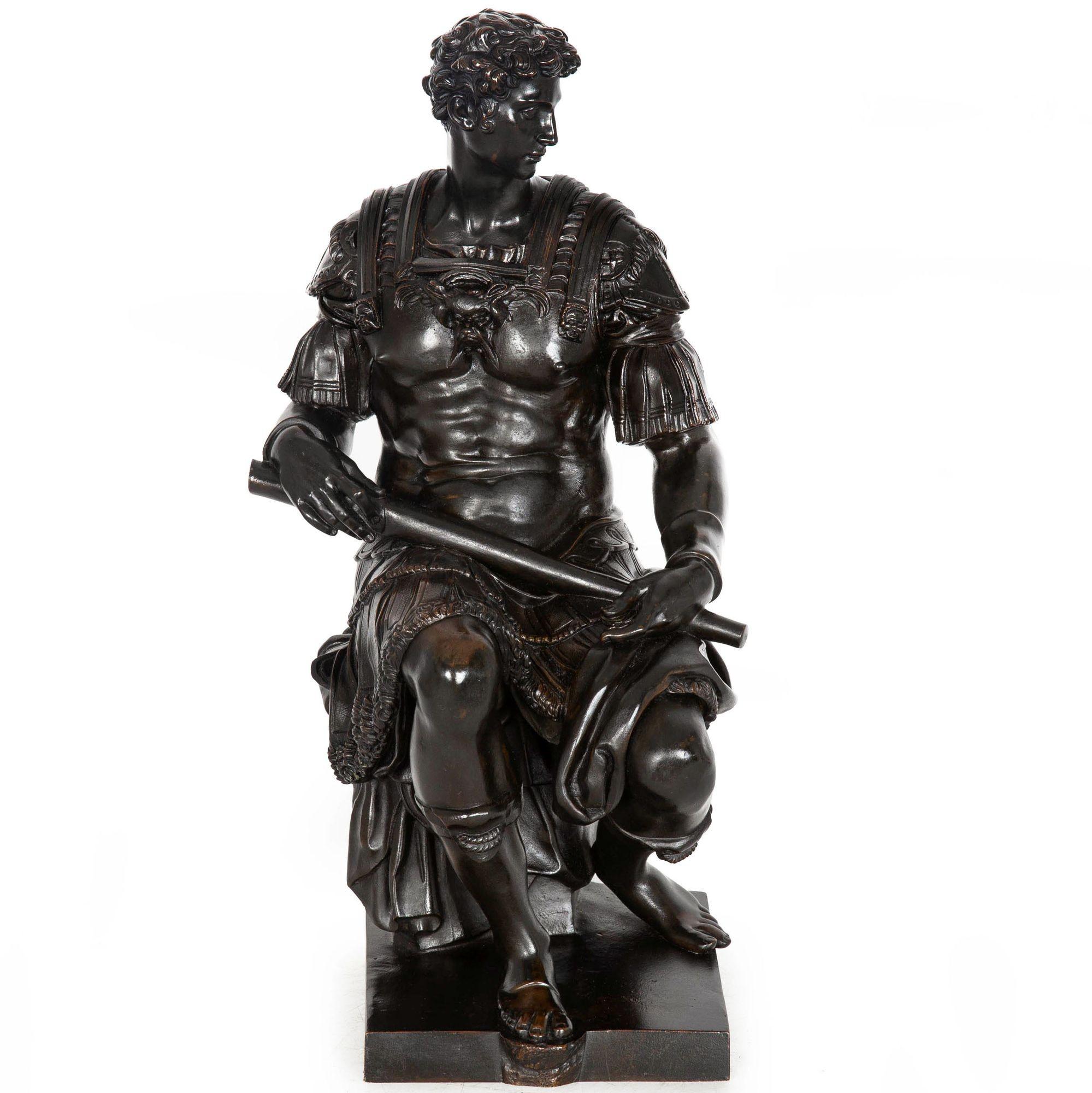 AFTER MICHELANGELO OF ANTIQUITY
Grand Tour Model of Giuliano de Medici from the Medici Chapel in Florence

Patinated sand-cast bronze  numbered on the back corner 