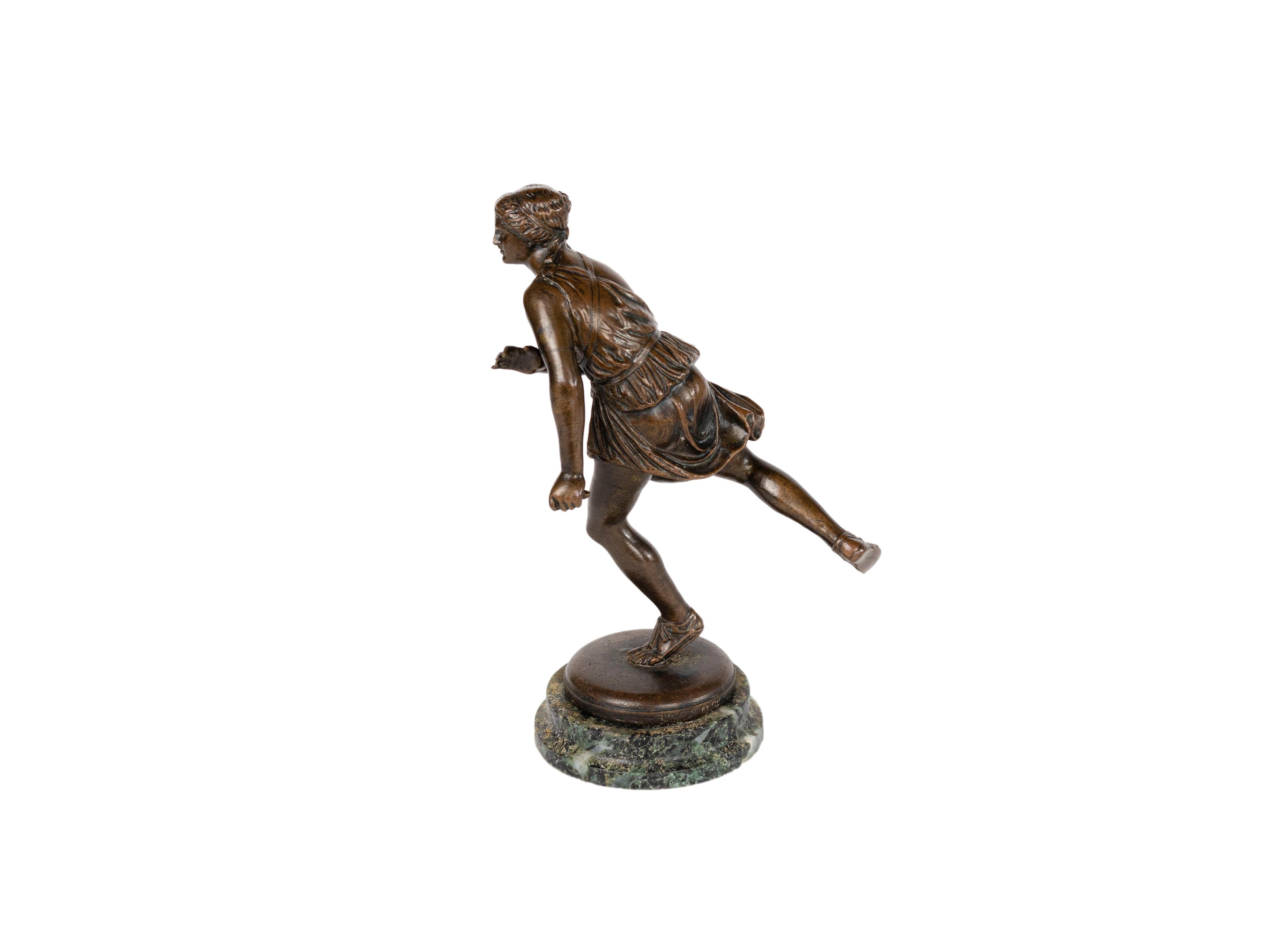 A French bronze figure of Atalanta with a «Fumiere et Cie» mark on the base. 
Atalanta the famous virgin huntress.Atalanta raced all her suitors and outran all but Hippomenes, who defeated her by cunning, not speed. 
The piece is from the world