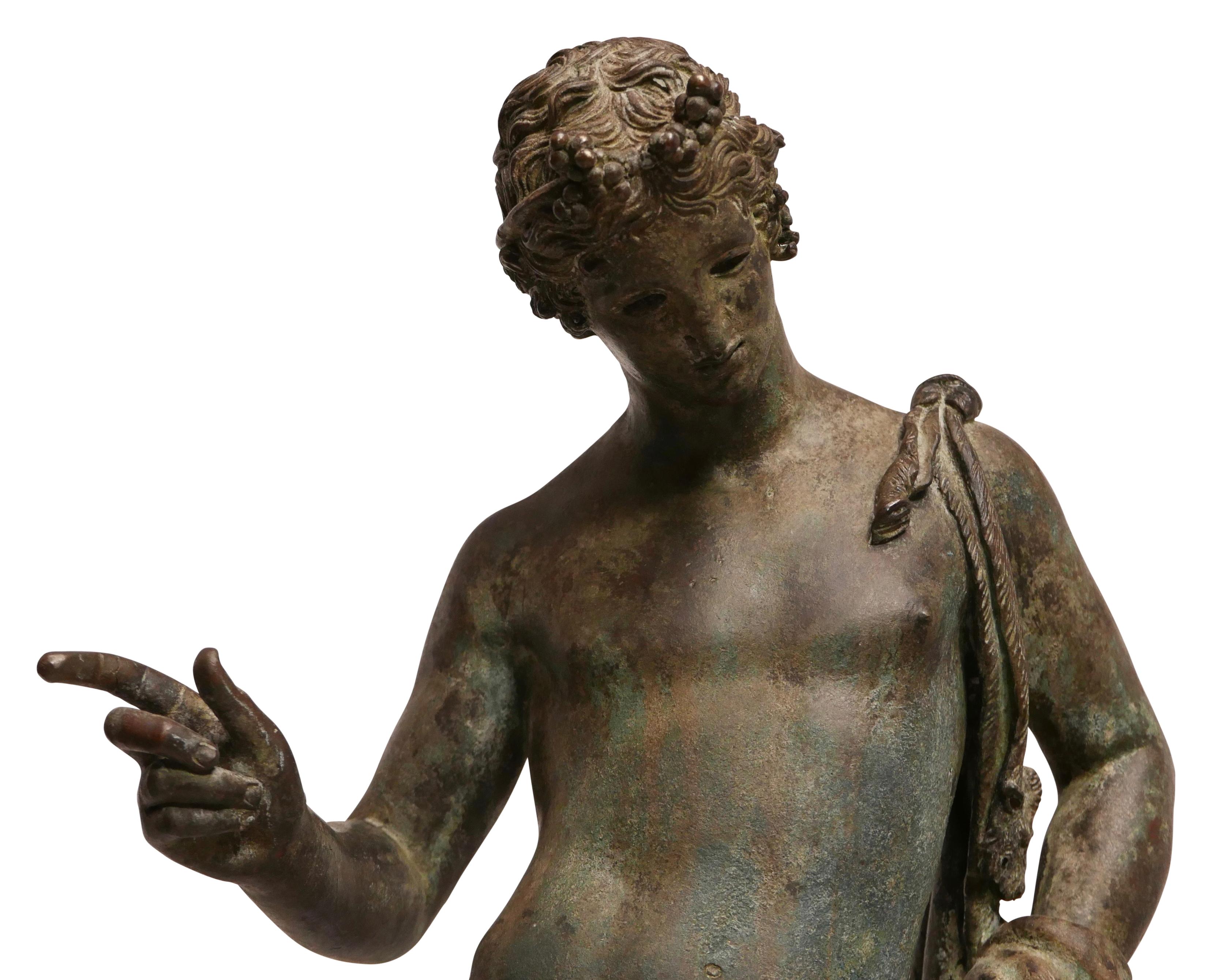 Wonderfully executed and detailed patinated bronze figure of Narcissus standing on a circular plinth base. 
With Foundry Mark Sommer Napoli- After The Famous Original In The Museo Nazionale In Naples.
Italy, 19th century.


 