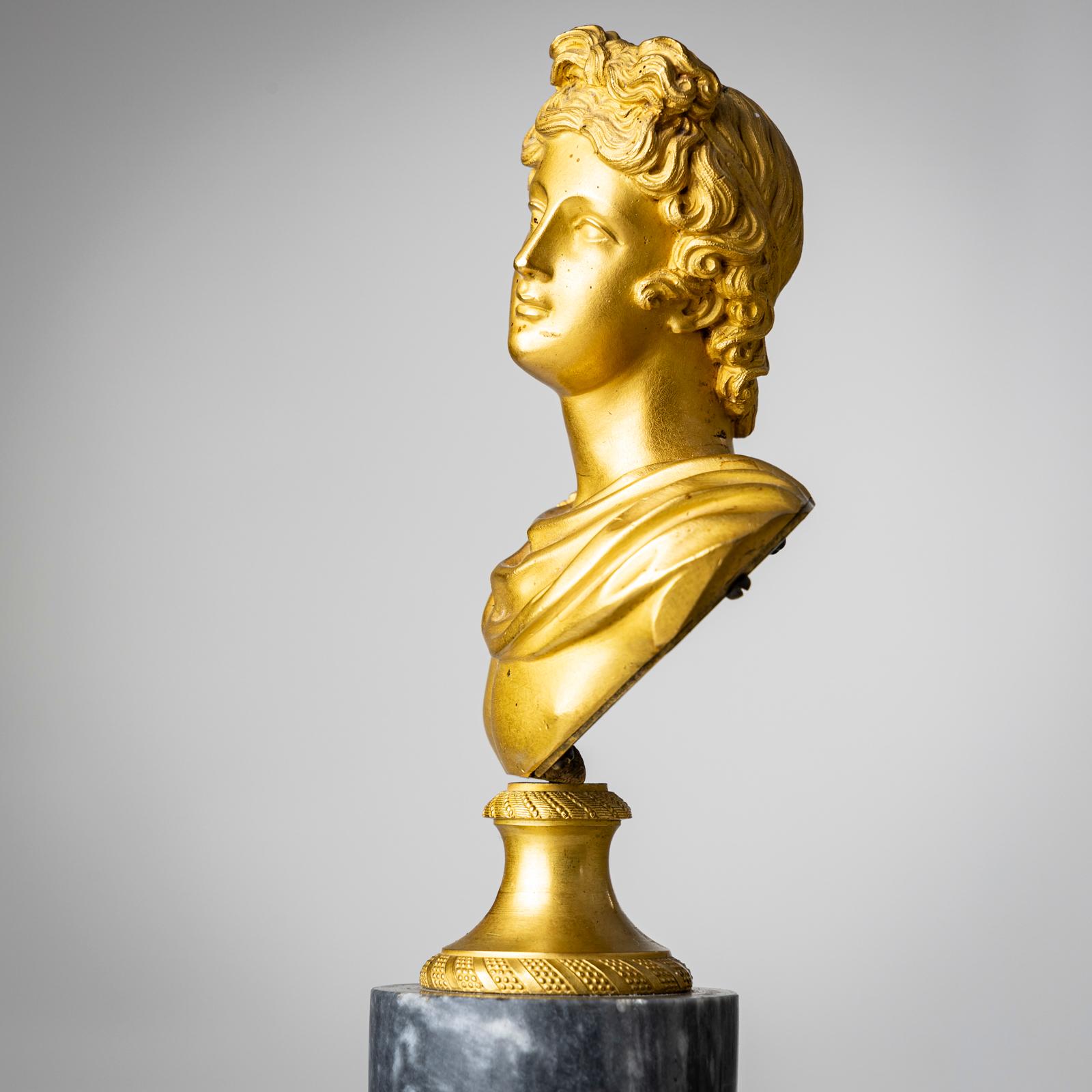 Busto dorato di Apollo Belvedere su un basamento cilindrico grigio con base nera. Zoccolo: 6,5 x 6,5 cm