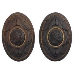Grand Tour Carved Walnut Portraits of Roman or Greek Men 19th Century Tiebacks