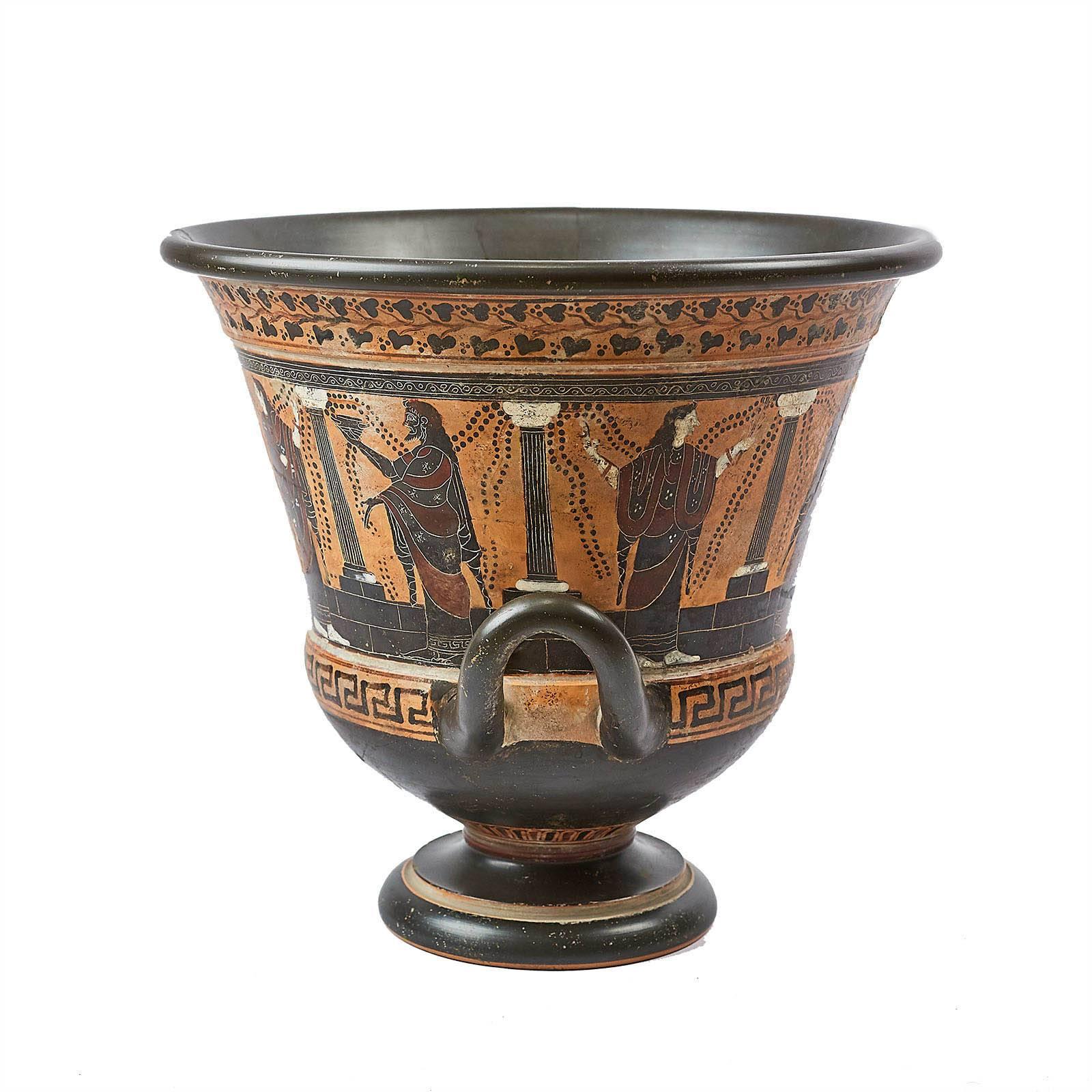 A very handsome and large archaic Greek style pottery krater or wine cistern. The style originates in pre-classical Greece about 600 BC. This elegant example was made early in the 19th century for sale to wealthy tourists. Painting and potting are