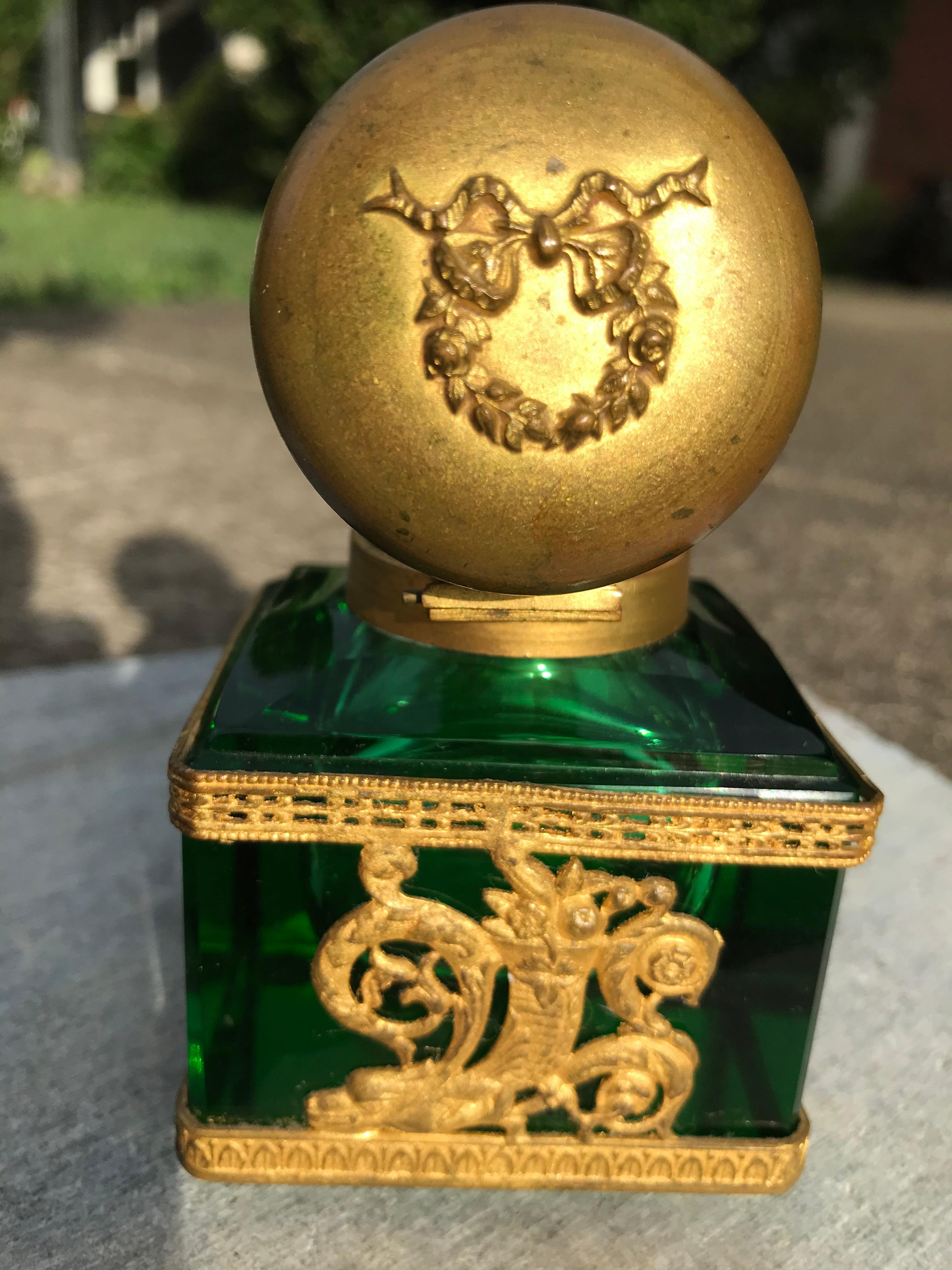 French Grand Tour Empire Style Green Glass Gilt Mounted Inkwell