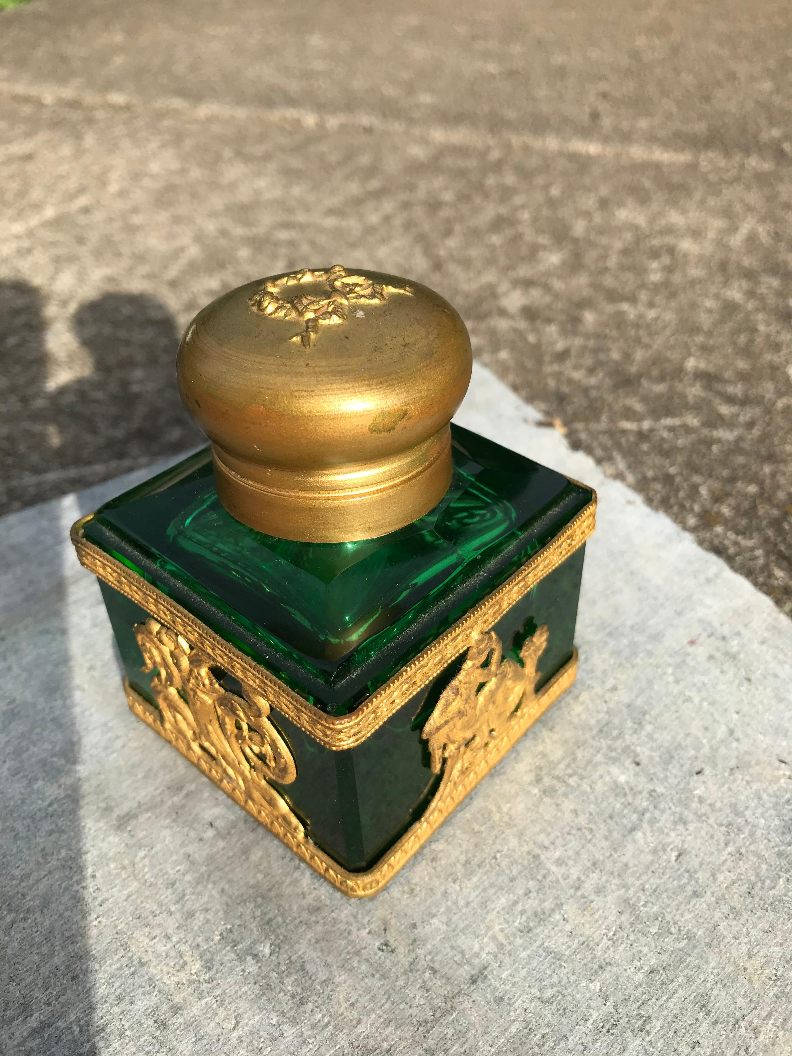 Grand Tour Empire Style Green Glass Gilt Mounted Inkwell 1