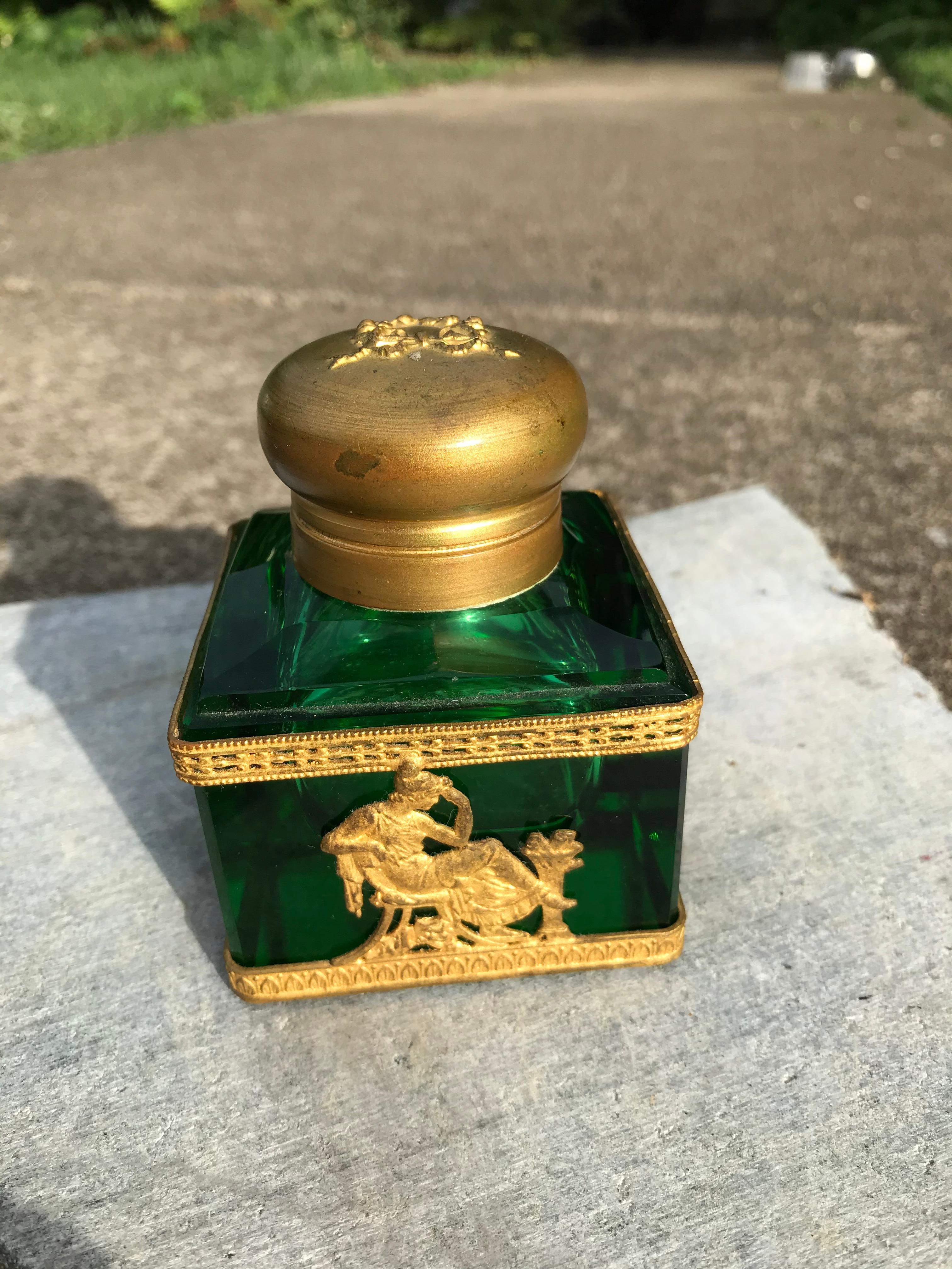 Grand Tour Empire Style Green Glass Gilt Mounted Inkwell 2