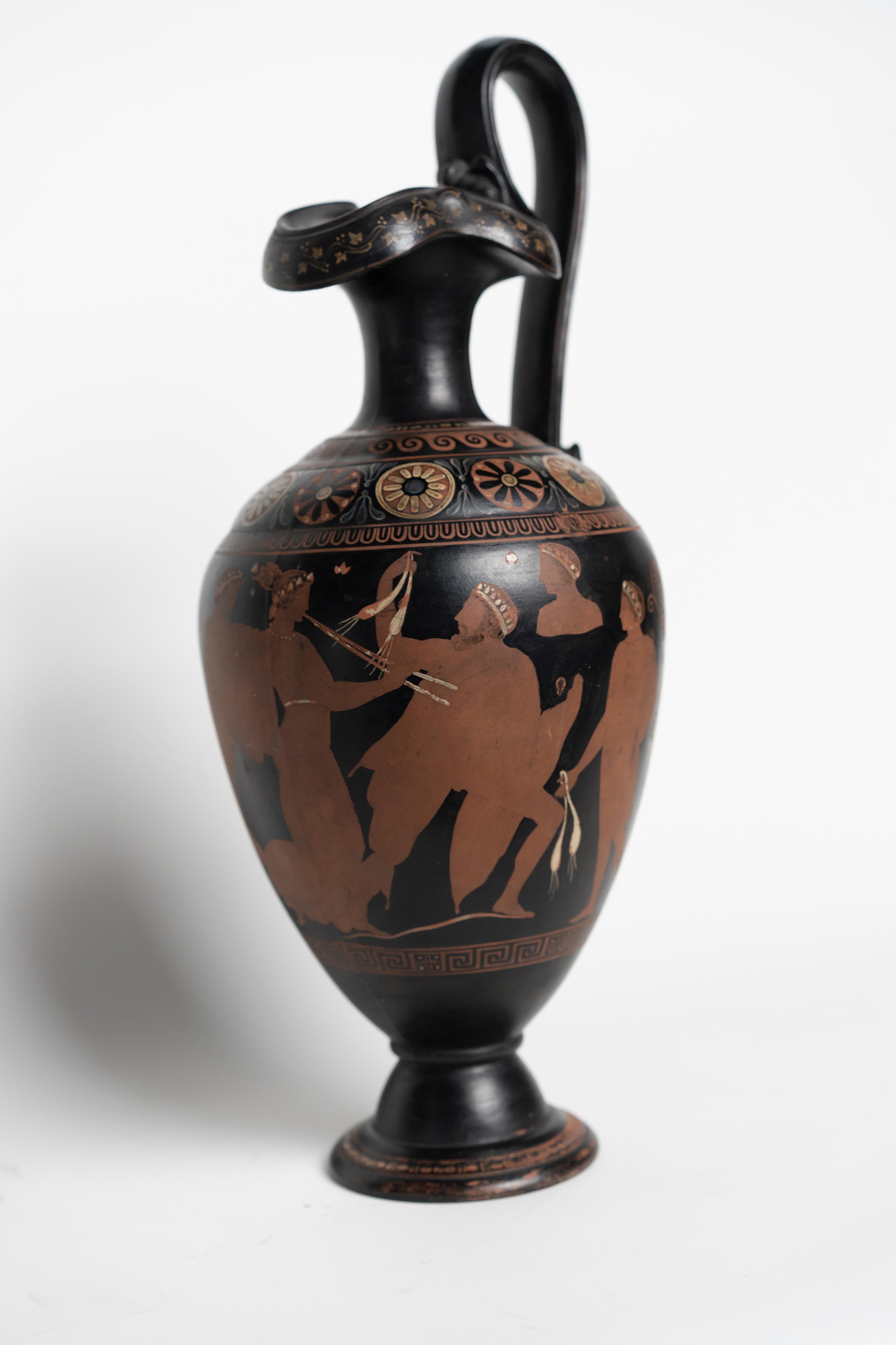 Grand Tour Etruscan terracotta ewer depicting neoclassical figures.