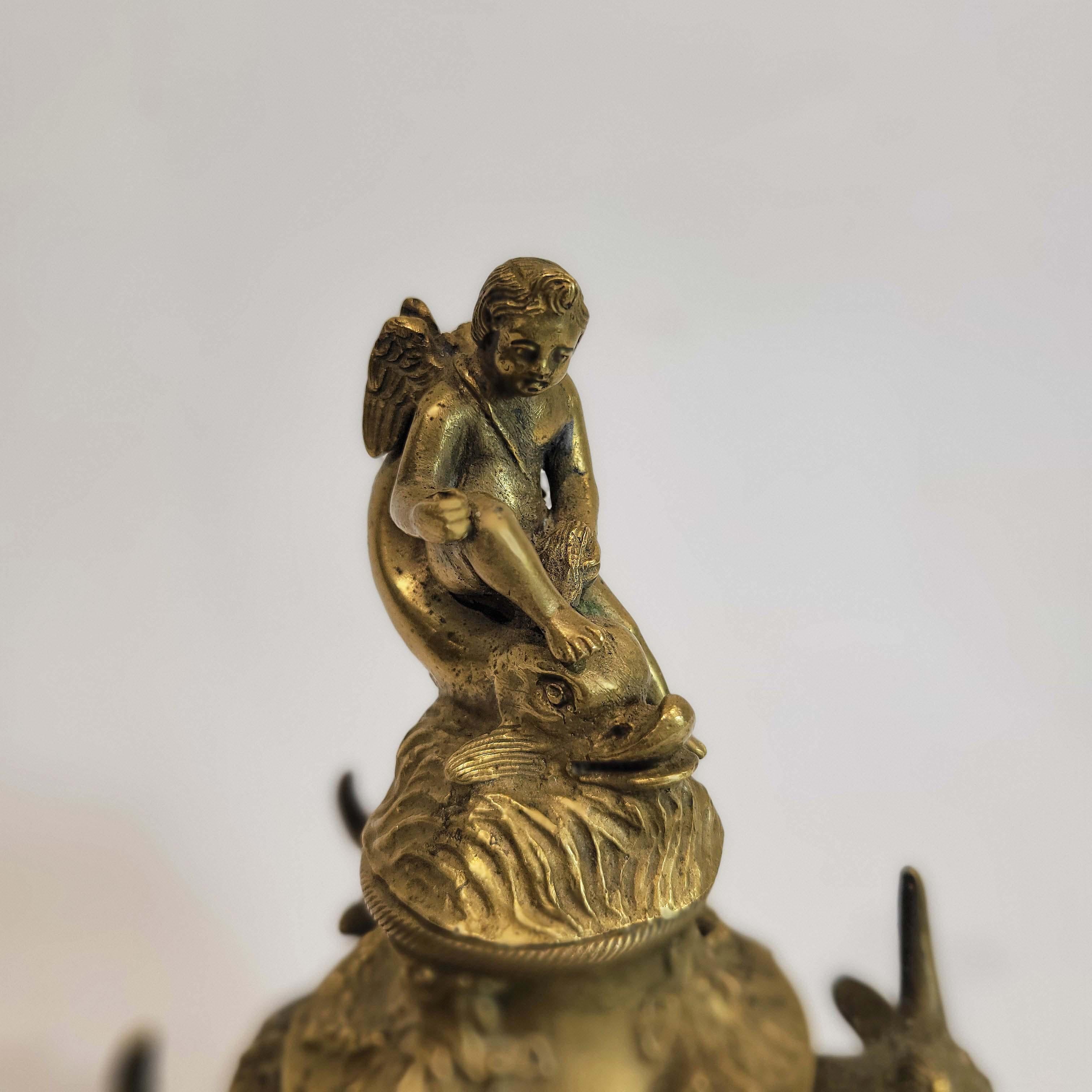 Beautifully cast and chased bronze inkwell after the antique, Circa late 19th Century , depicting 3 bulls, 3 masks of a baby bacchus and a cupid riding a dolphin on the cover. Lot of wonderful hand chased details.