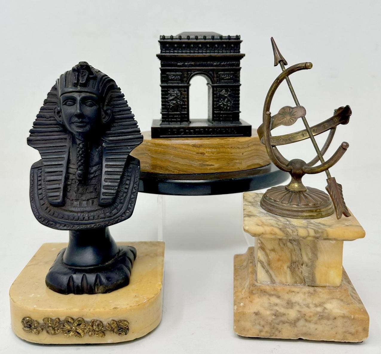 Stunning Antique Grand Tour Collection of Patinated Bronze and Marble items to include a miniature Sundial superbly mounted on a Sienna Marble base. 

A black basalt ceramic Egyptian Bust on its original Marble base and a miniature version of the