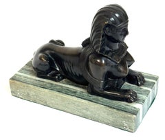 Grand Tour French Bronze Model of Sphinx on Verde Antico Marble Base, C. 1880