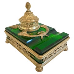 Grand Tour French Empire Style Green Inkwell with Gilt Bronze Mounts
