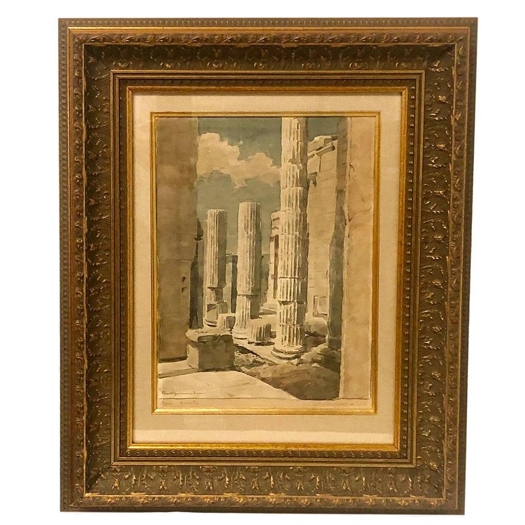 Linen Grand Tour Greek Acropolis Painting in Gilt Frame