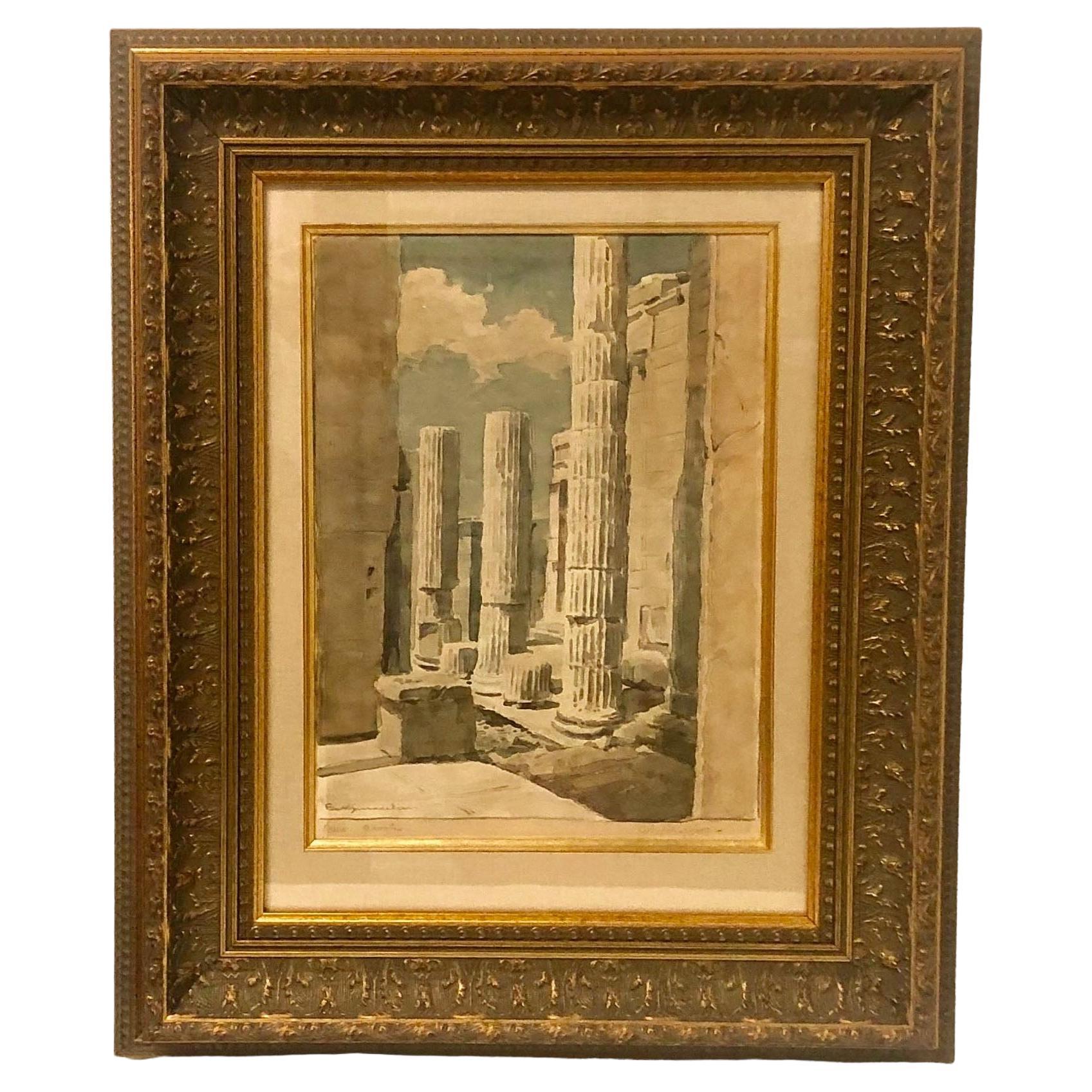 Grand Tour Greek Acropolis Painting in Gilt Frame