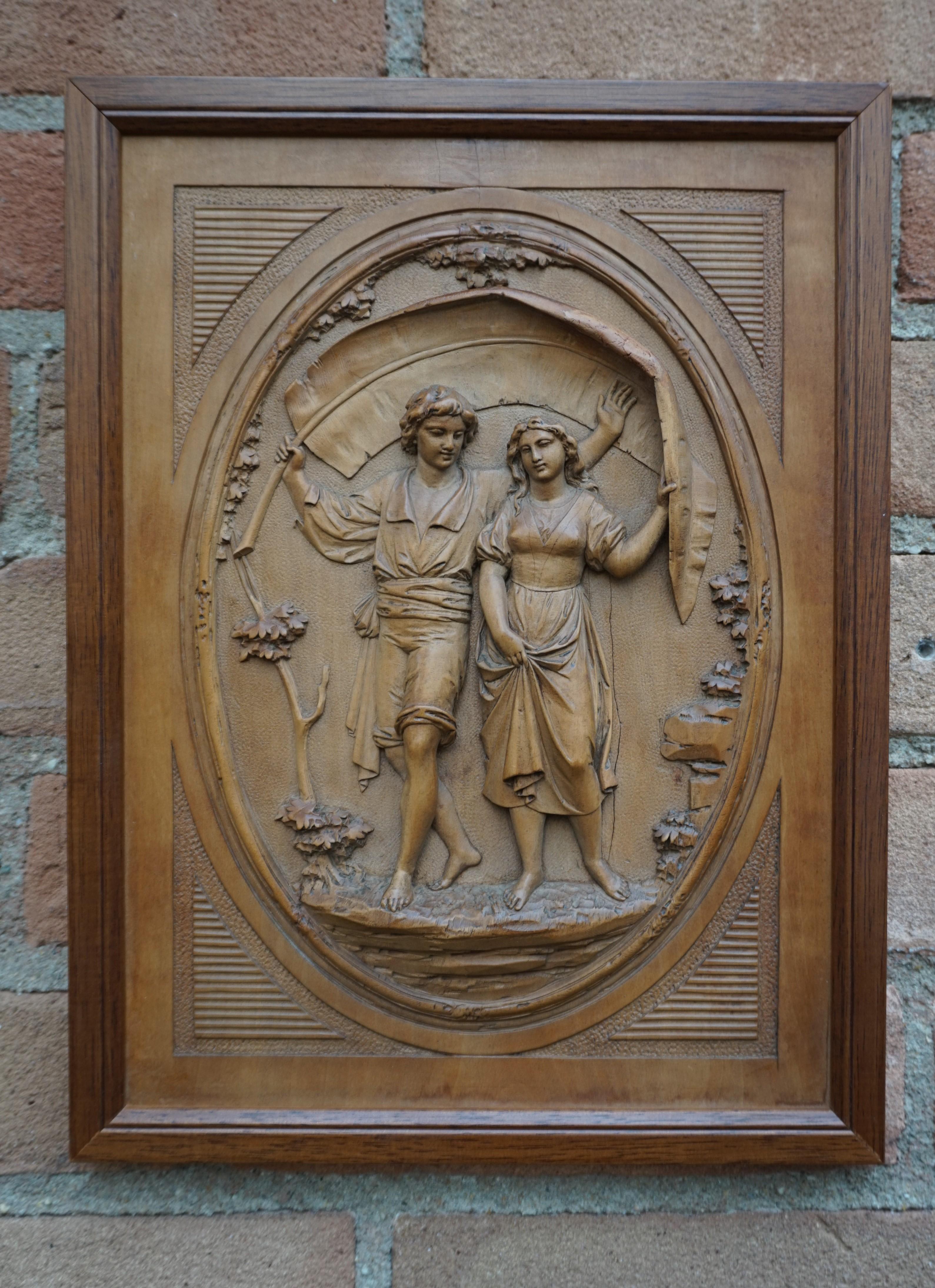 Grand Tour Hand Carved Boxwood Romantic Boy & Girl Under Palm Leaf Wall Plaque For Sale 4