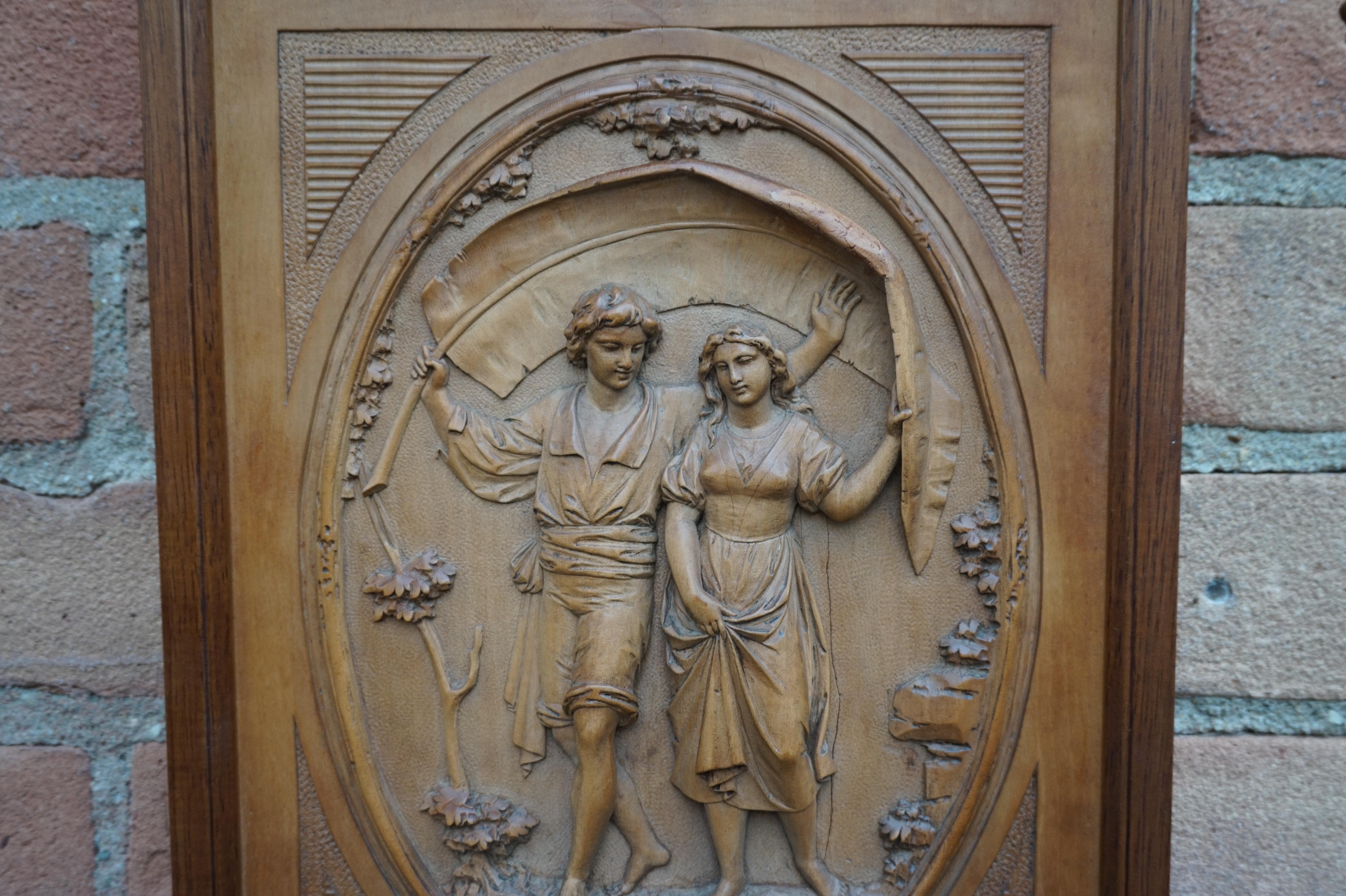 Grand Tour Hand Carved Boxwood Romantic Boy & Girl Under Palm Leaf Wall Plaque For Sale 7