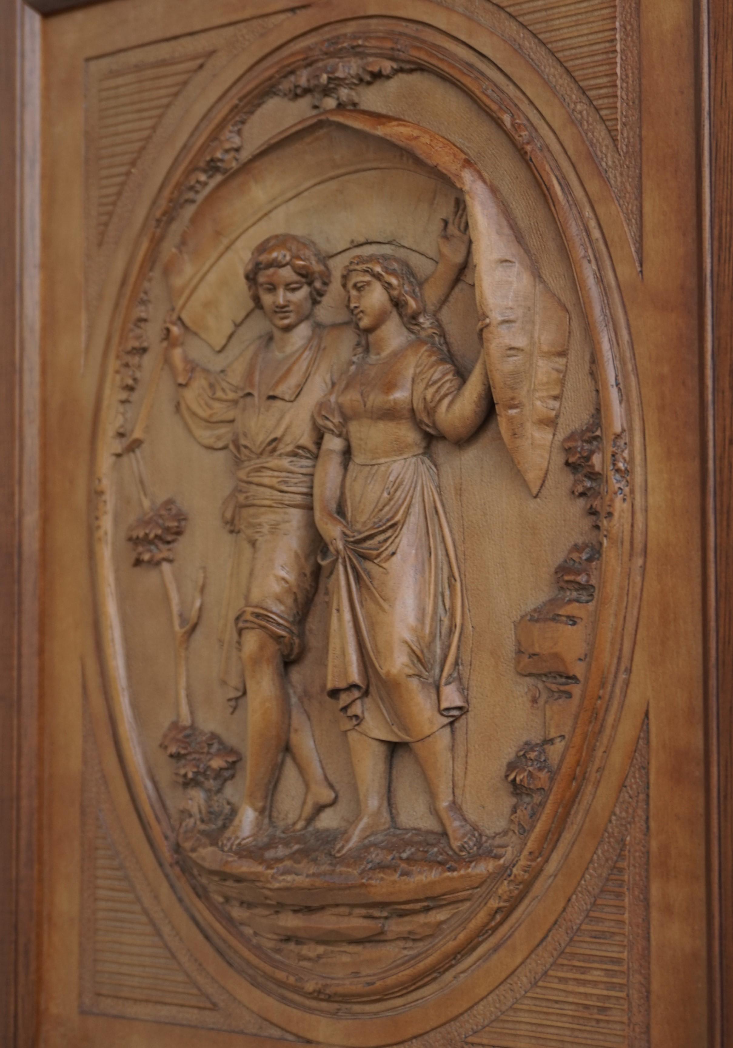 Grand Tour Hand Carved Boxwood Romantic Boy & Girl Under Palm Leaf Wall Plaque For Sale 10