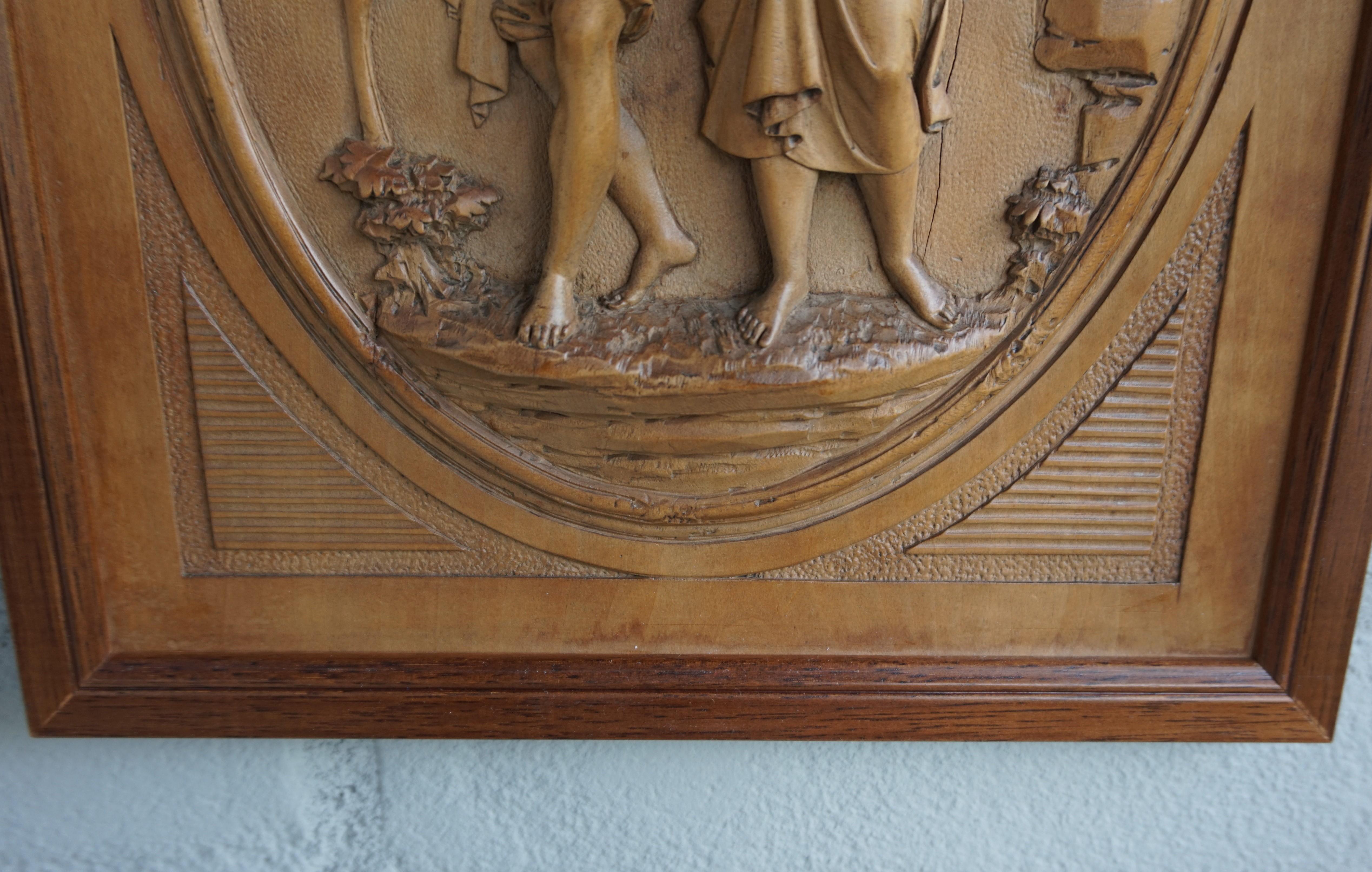 Grand Tour Hand Carved Boxwood Romantic Boy & Girl Under Palm Leaf Wall Plaque For Sale 11