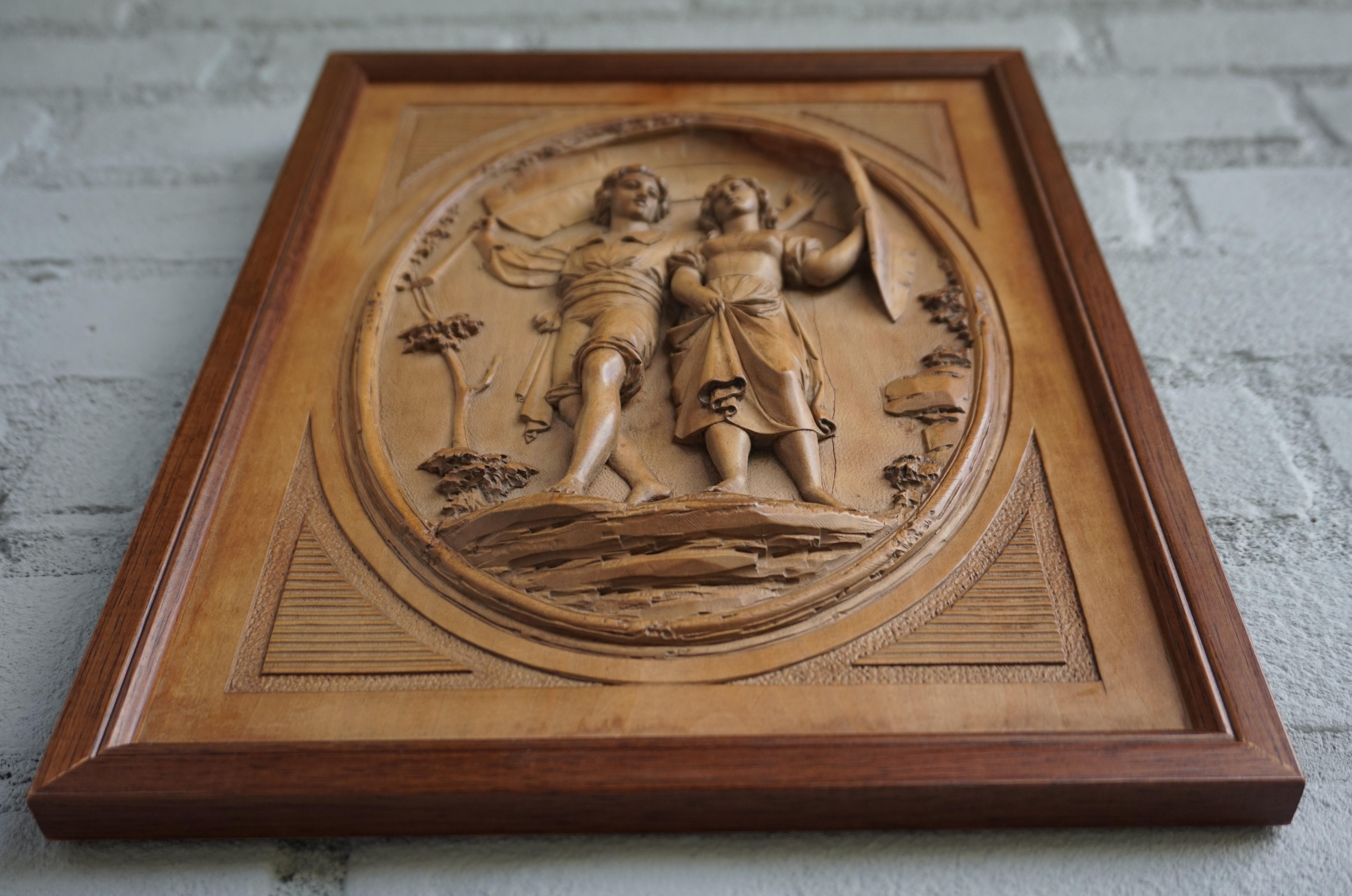 Grand Tour Hand Carved Boxwood Romantic Boy & Girl Under Palm Leaf Wall Plaque For Sale 12