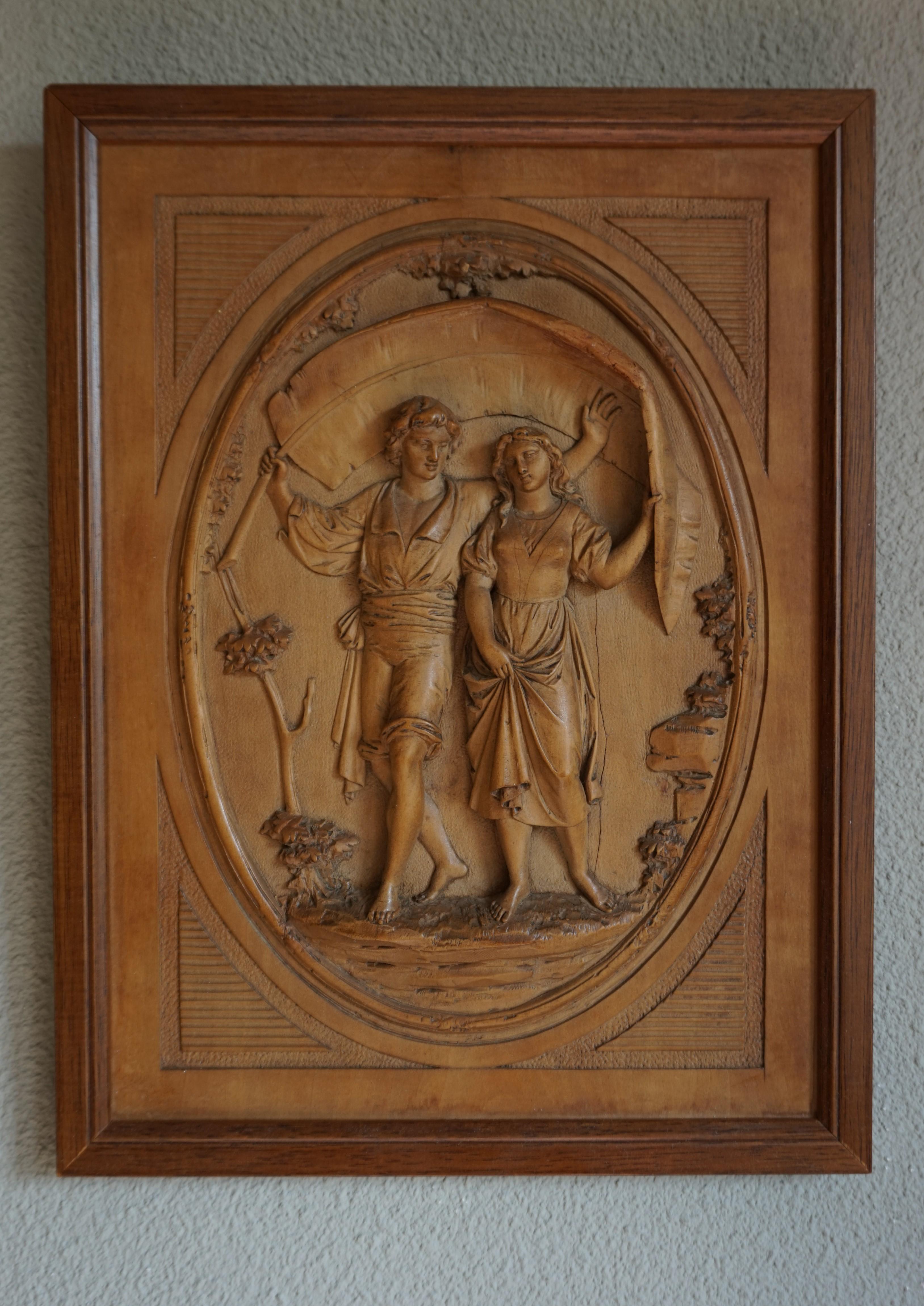Beautiful quality, one of a kind German or Italian antique wall sculpture.

This rare wall sculpture from the late 1800s is all hand carved out of solid boxwood. Anyone who is capable of creating such a marvelous sculpture out of a wood as hard as