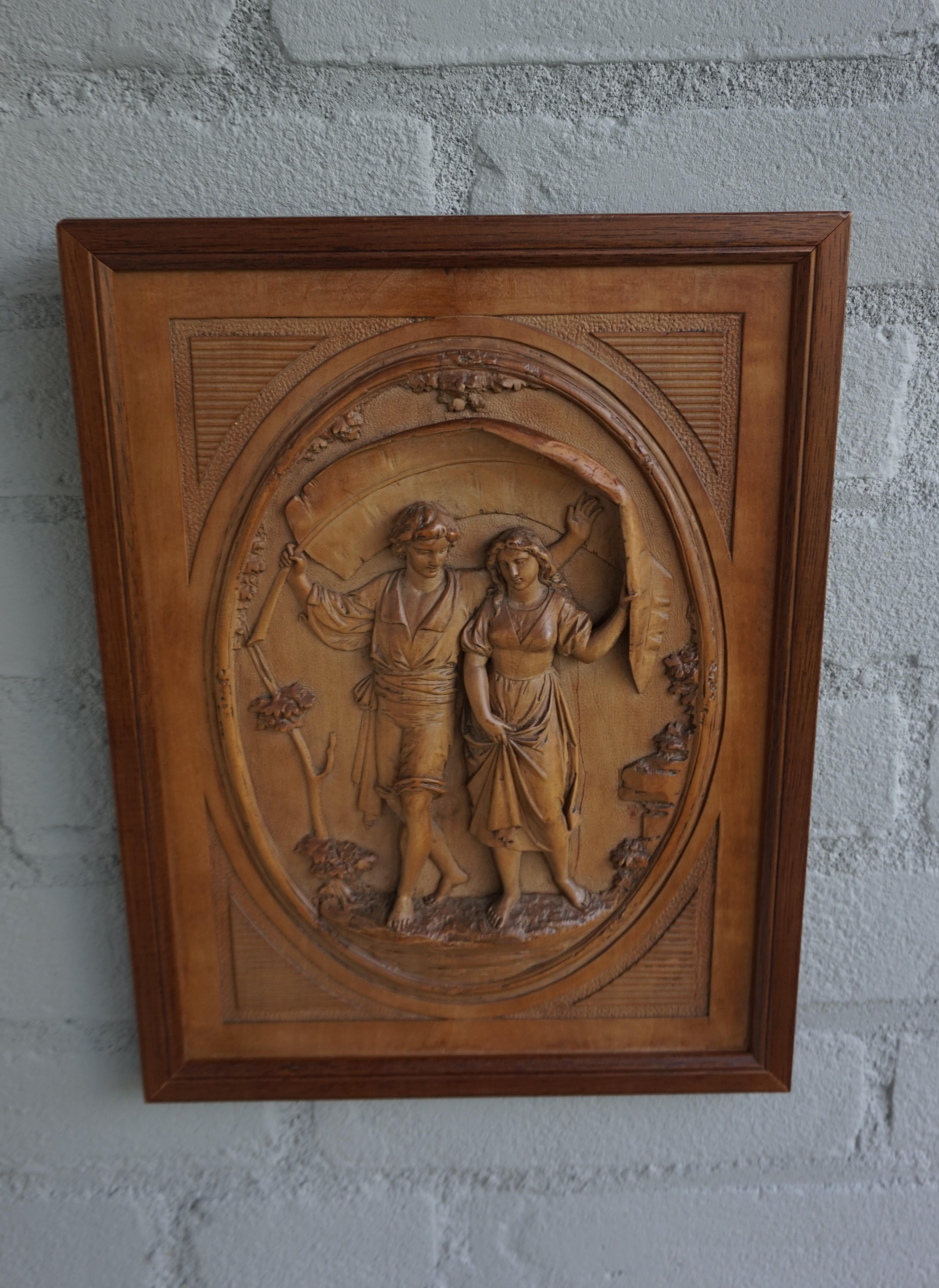 European Grand Tour Hand Carved Boxwood Romantic Boy & Girl Under Palm Leaf Wall Plaque For Sale