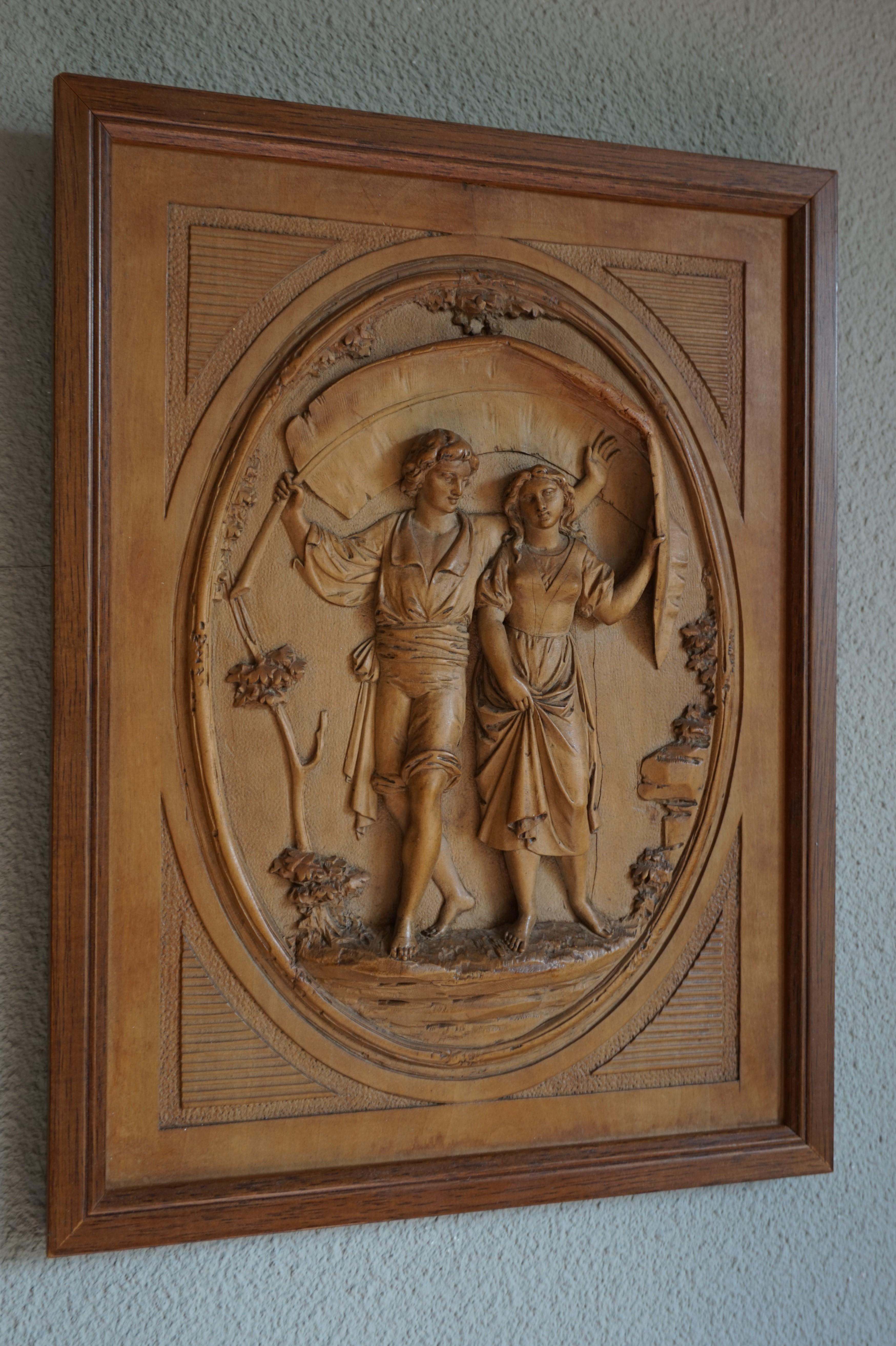 Hand-Carved Grand Tour Hand Carved Boxwood Romantic Boy & Girl Under Palm Leaf Wall Plaque For Sale
