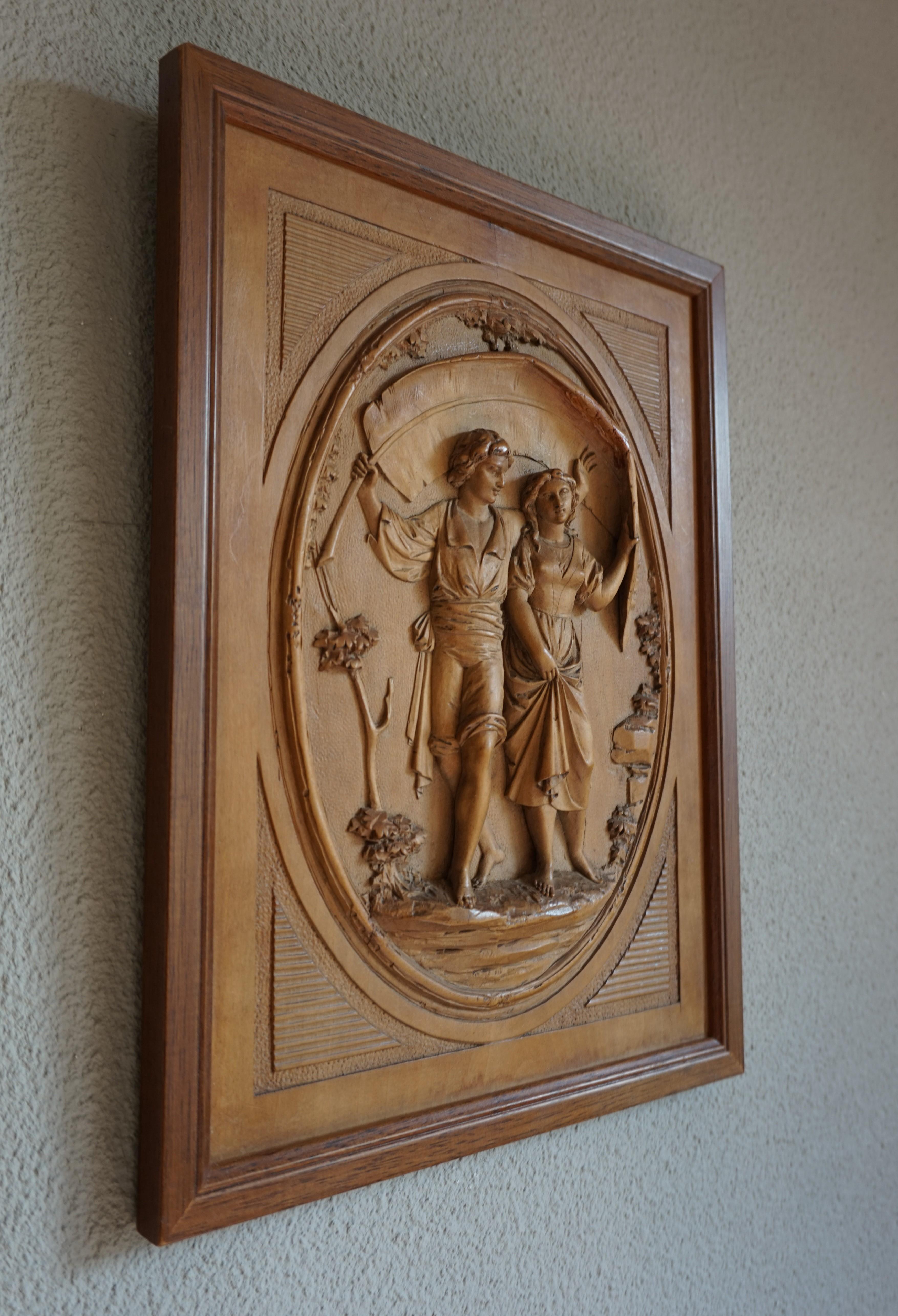 Grand Tour Hand Carved Boxwood Romantic Boy & Girl Under Palm Leaf Wall Plaque For Sale 1