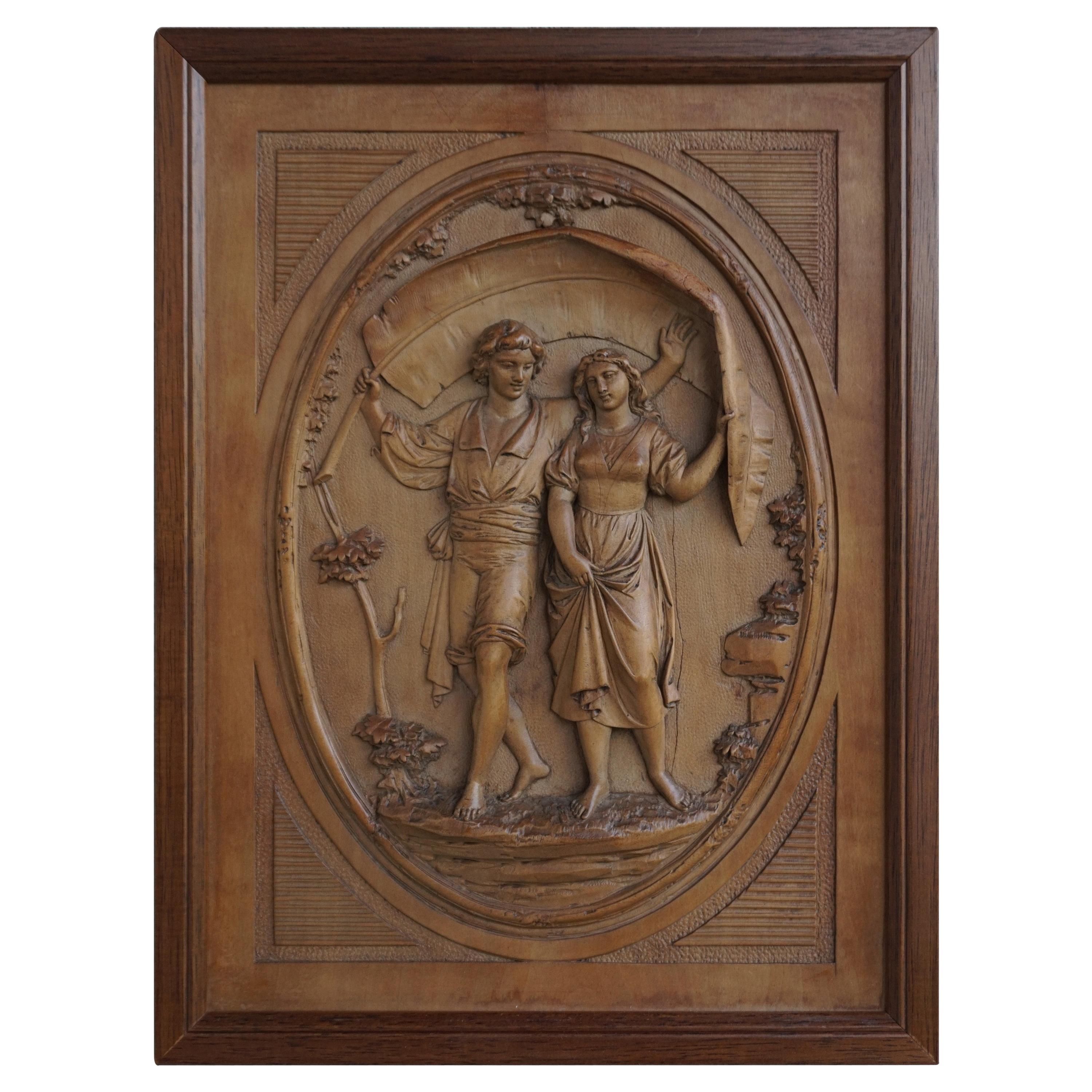 Grand Tour Hand Carved Boxwood Romantic Boy & Girl Under Palm Leaf Wall Plaque