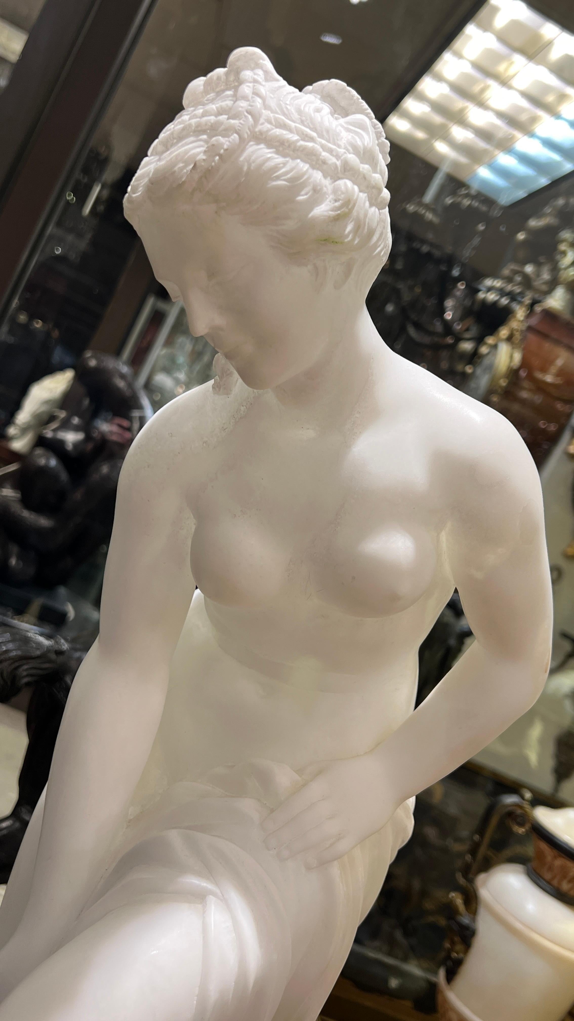 Hand-Carved Grand Tour Italian Alabaster figure of Semi nude woman Bathing For Sale