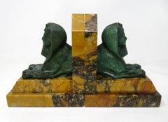 Grand Tour Italian French Egyptian Sphinx Pair Bronze Bookends Sienna Marble