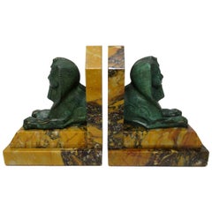 Grand Tour Italian French Egyptian Sphinx Pair Bronze Bookends Sienna Marble