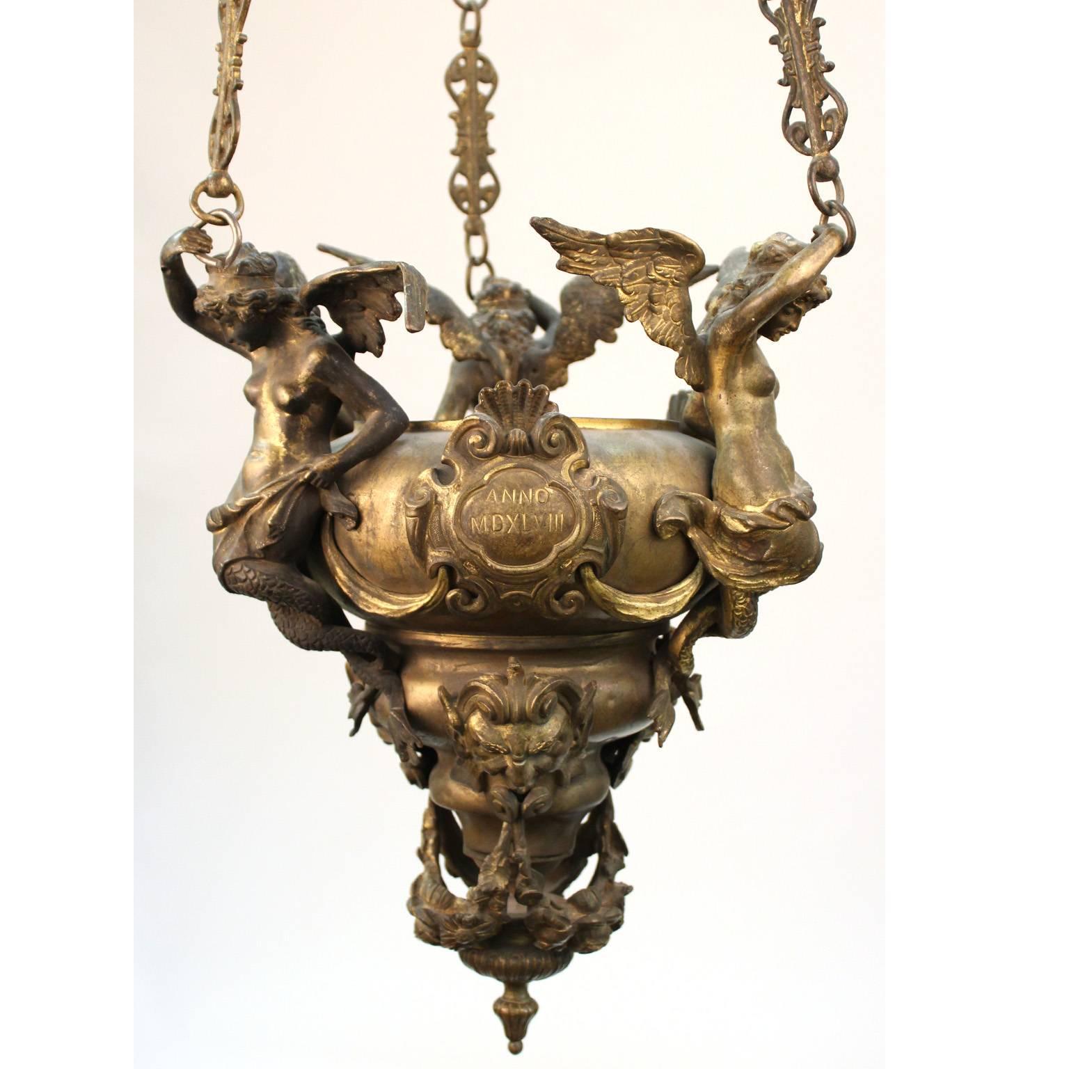 Grand Tour Italian Gilt Bronze Pendant Oil Lamp In Good Condition For Sale In New York, NY