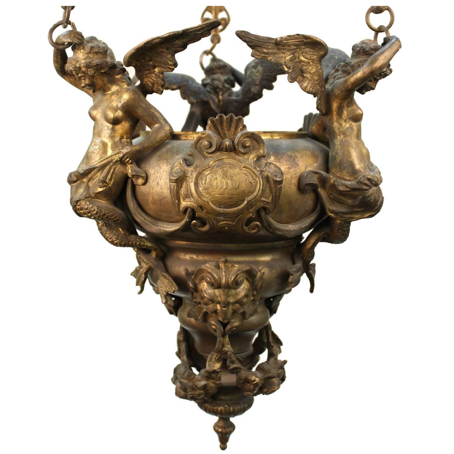 Grand Tour Italian Gilt Bronze Pendant Oil Lamp For Sale